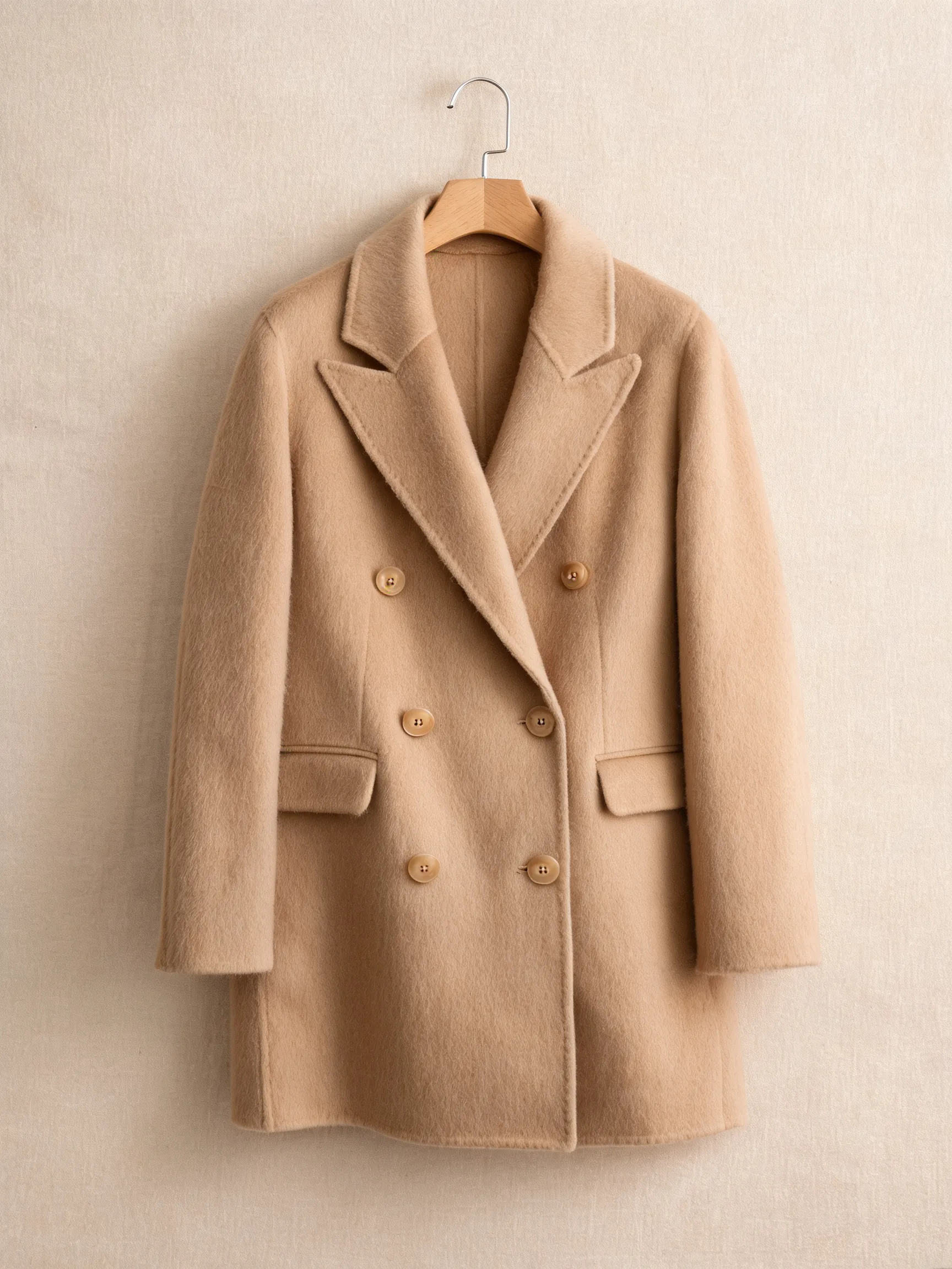 Luxury flat lay product photography of a camel cashmere overcoat hanging on a premium wooden hanger, double-breasted design, impeccable Italian craftsmanship, soft brushed texture, inspired by Max Mara, subtle shadows, warm beige background, editorial fashion catalog style, ultra detailed, expensive luxury clothing