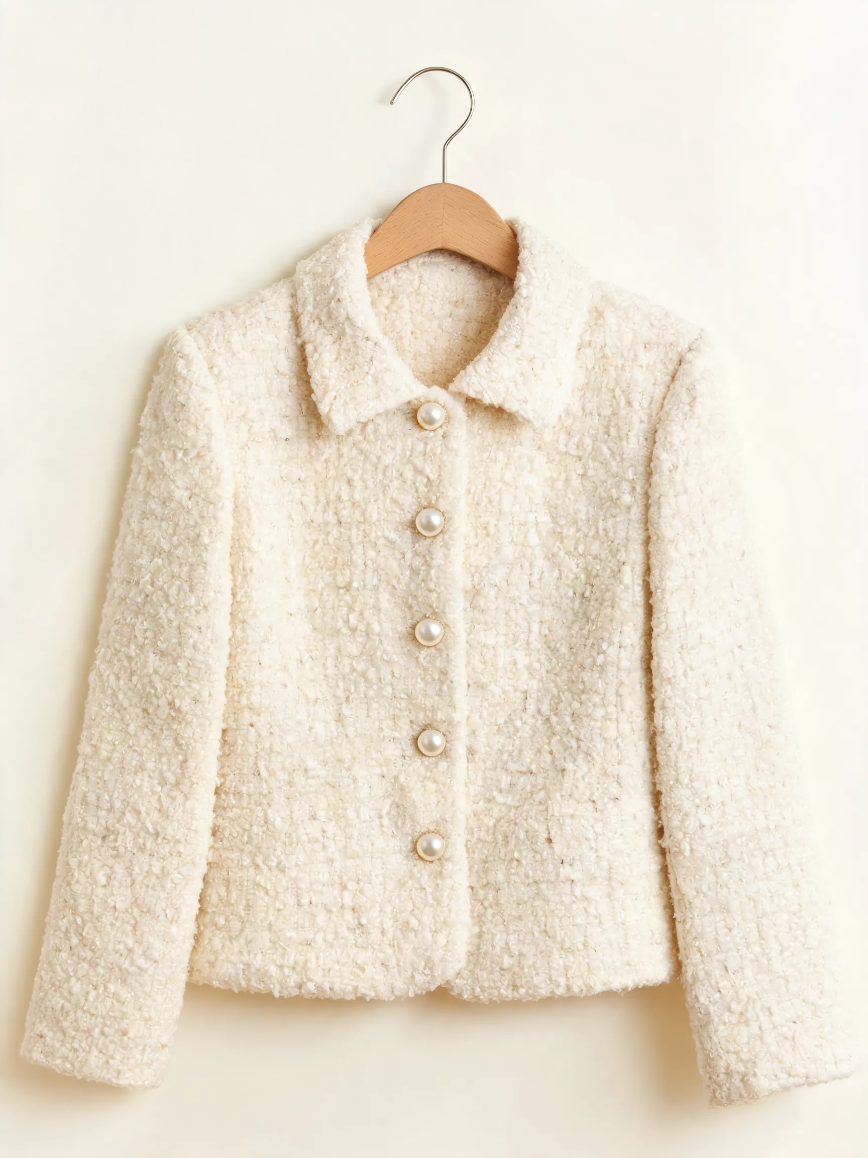 Luxury flat lay product photography of a cream bouclé tweed jacket hanging on a wooden hanger, delicate woven texture, pearl buttons, inspired by Chanel haute couture, elegant and expensive appearance, soft ivory background, editorial fashion lighting