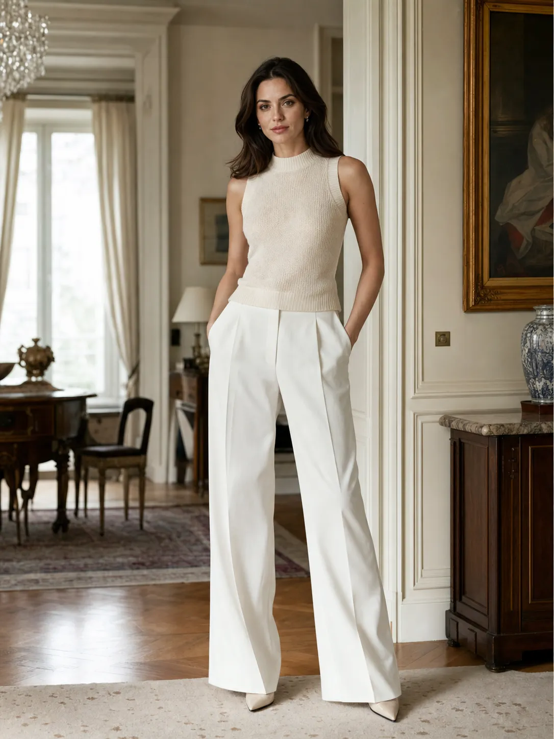 A European woman with fair skin and dark brown wavy hair, sophisticated features, wearing a cream sleeveless knit top and white wide-leg pants, old money aesthetic, luxury apartment background, photorealistic, ultra detailed, full body, looking at camera, no coat, 3:4