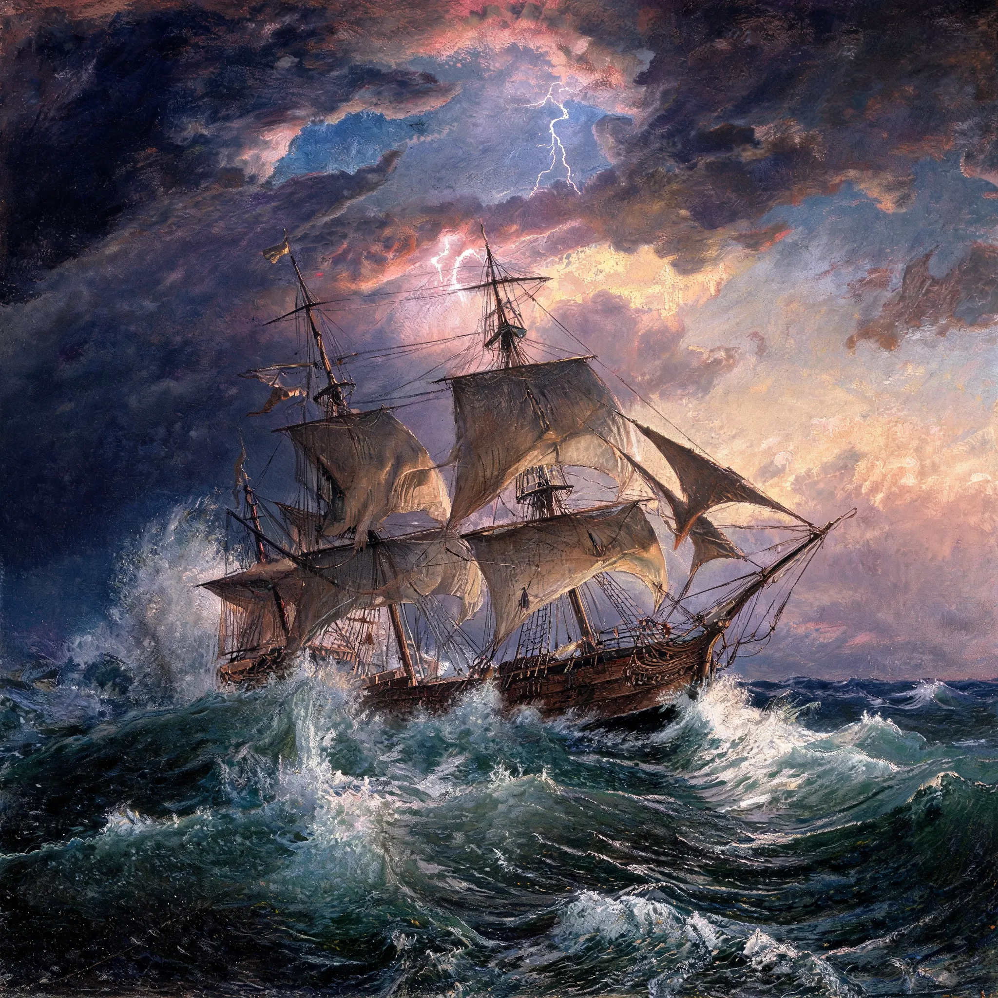 Sailing ship in storm, romantic style painting