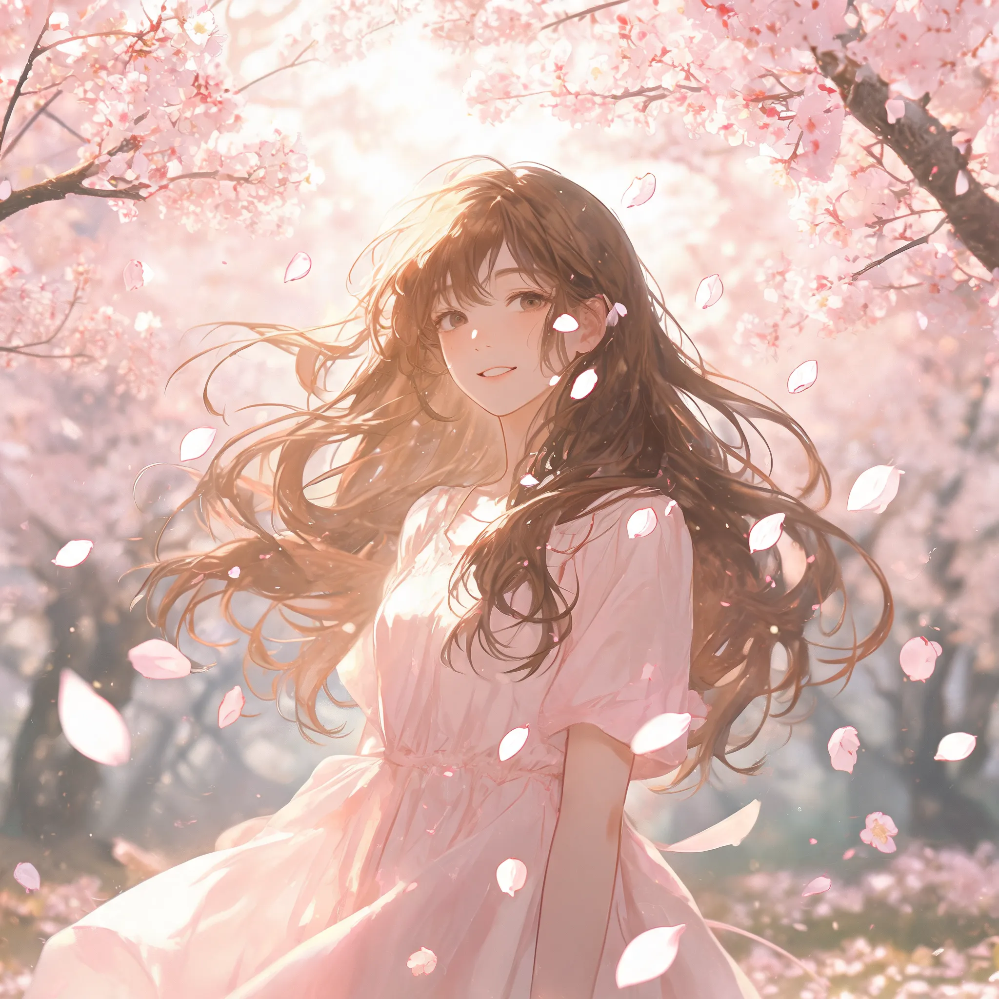 Girl under cherry blossoms, gentle breeze, petals flying, warm sunlight
