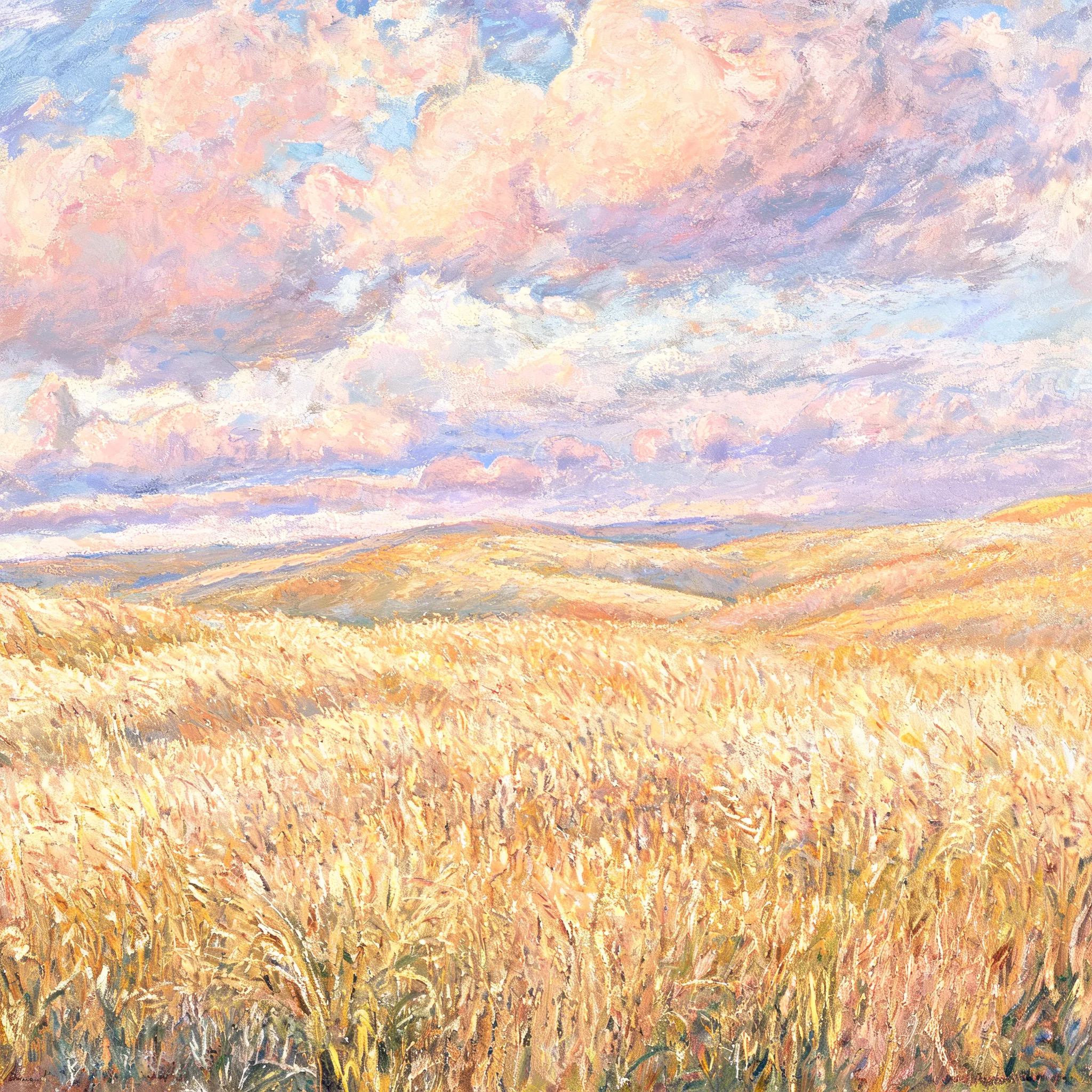 Golden wheat field with rolling clouds, impressionist style