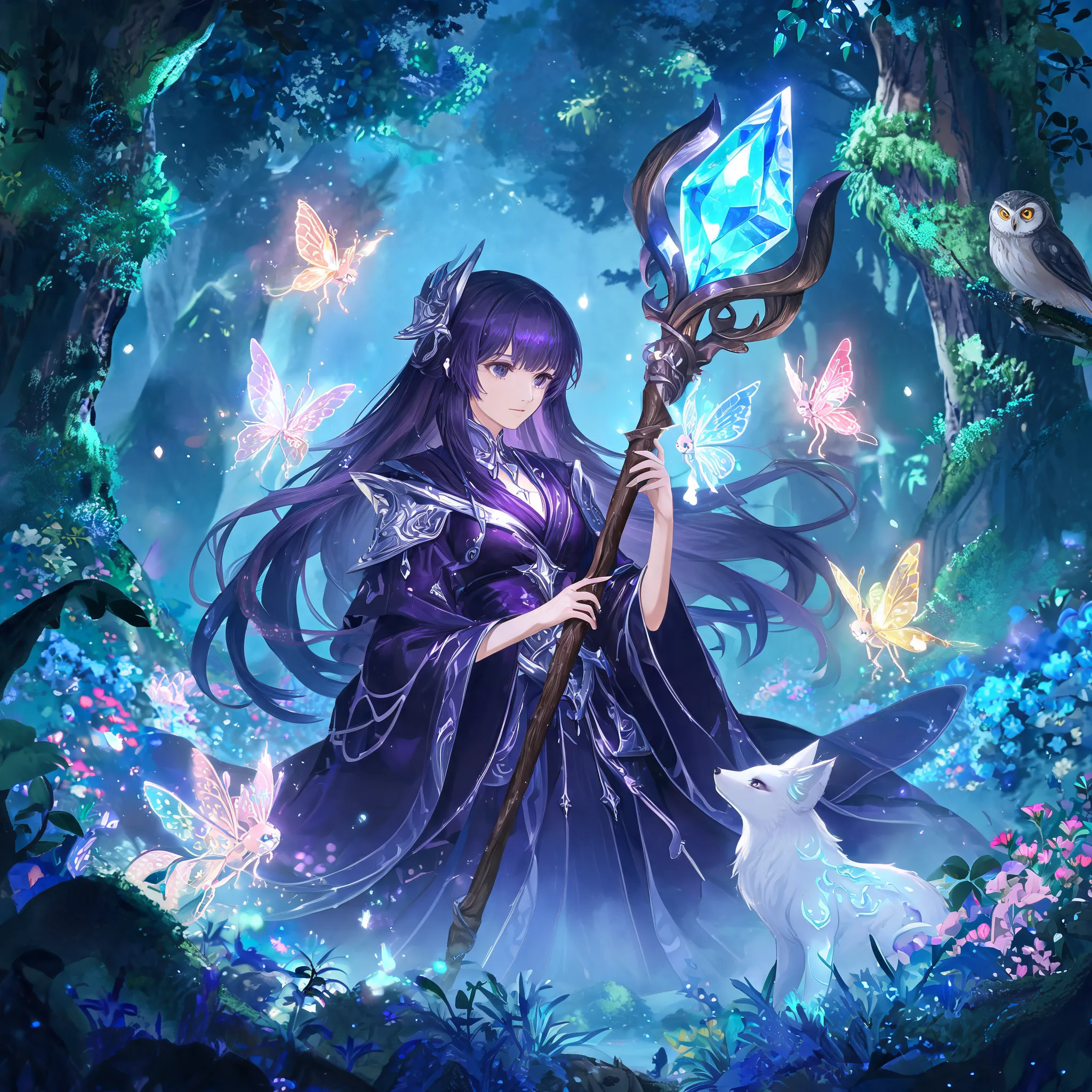 Female mage in magical forest, surrounded by glowing fairies and mysterious creatures