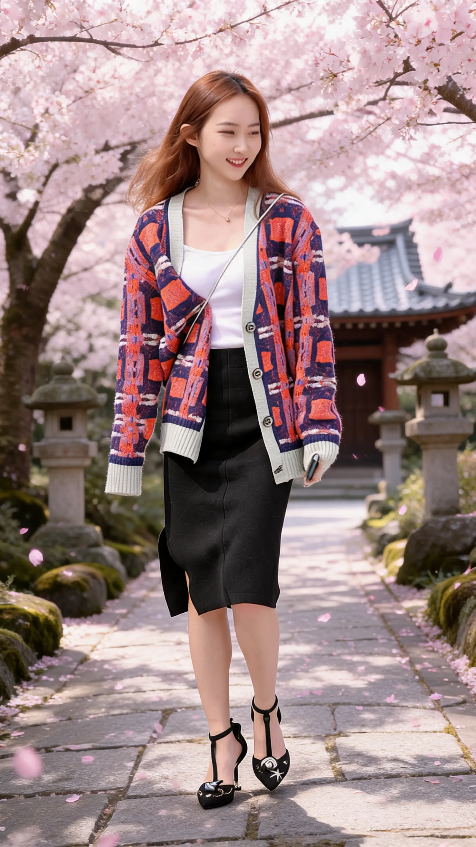 Make me a professional environmental portrait with a Japanese cherry blossom background replacement.