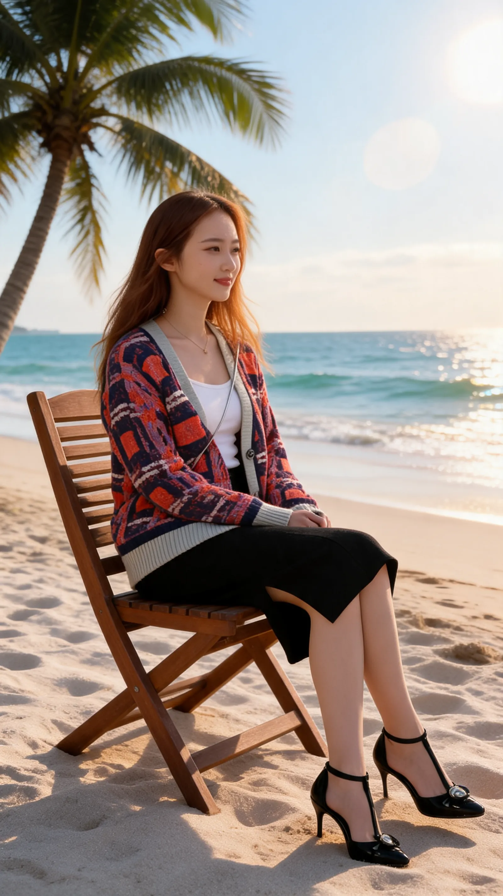 Make me a professional environmental portrait with a beach vacation background replacement.