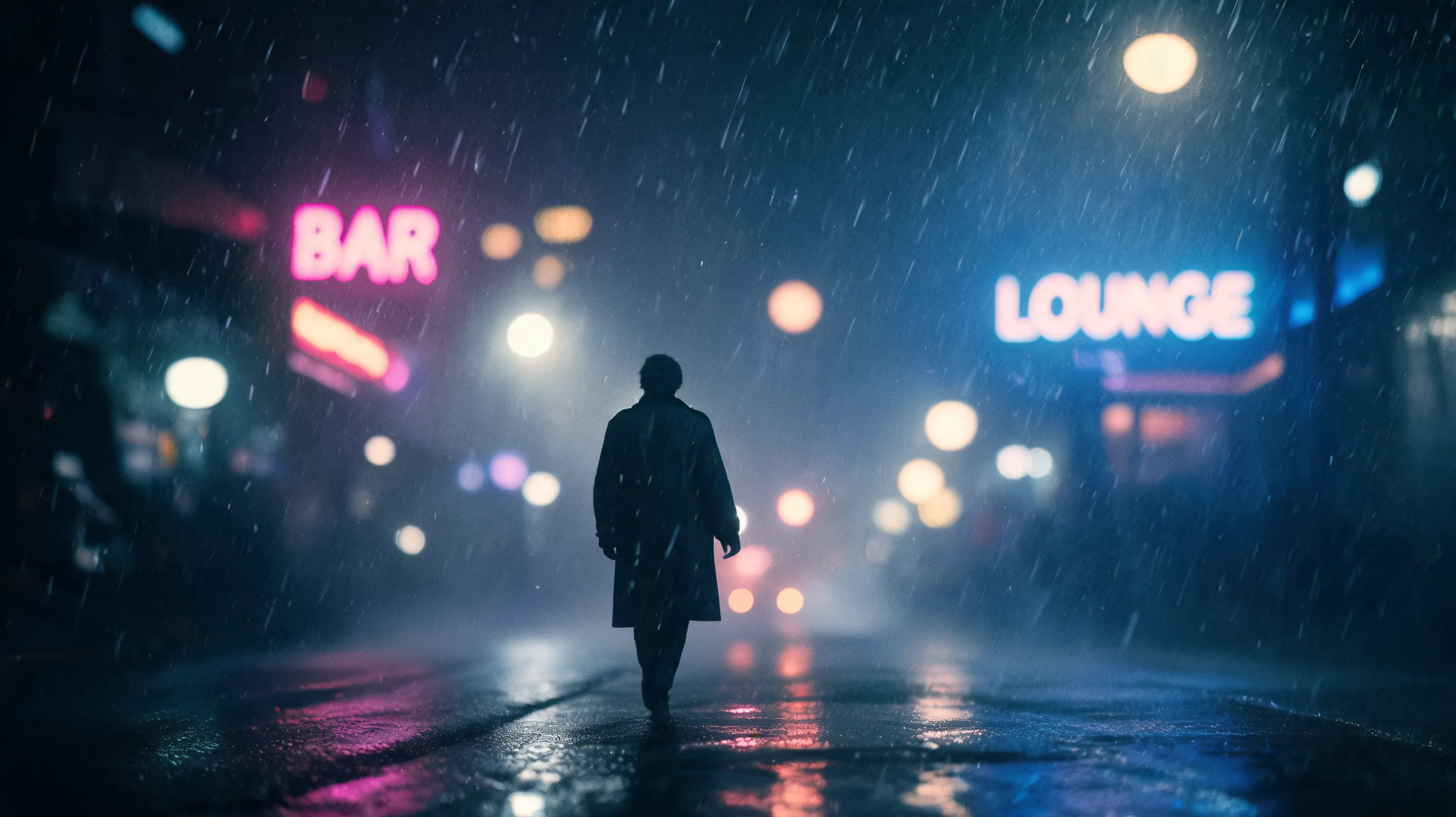 A solitary figure walking through a rainy neon-lit city street at night, captured with extreme shallow depth of field, heavy atmospheric fog, out-of-focus background with large soft bokeh circles from streetlights, motion blur on falling raindrops, the subject is slightly blurred but recognizable, melancholic mood, cinematic noir style, grainy film texture, 85mm lens at F1.2, ethereal and dreamlike quality