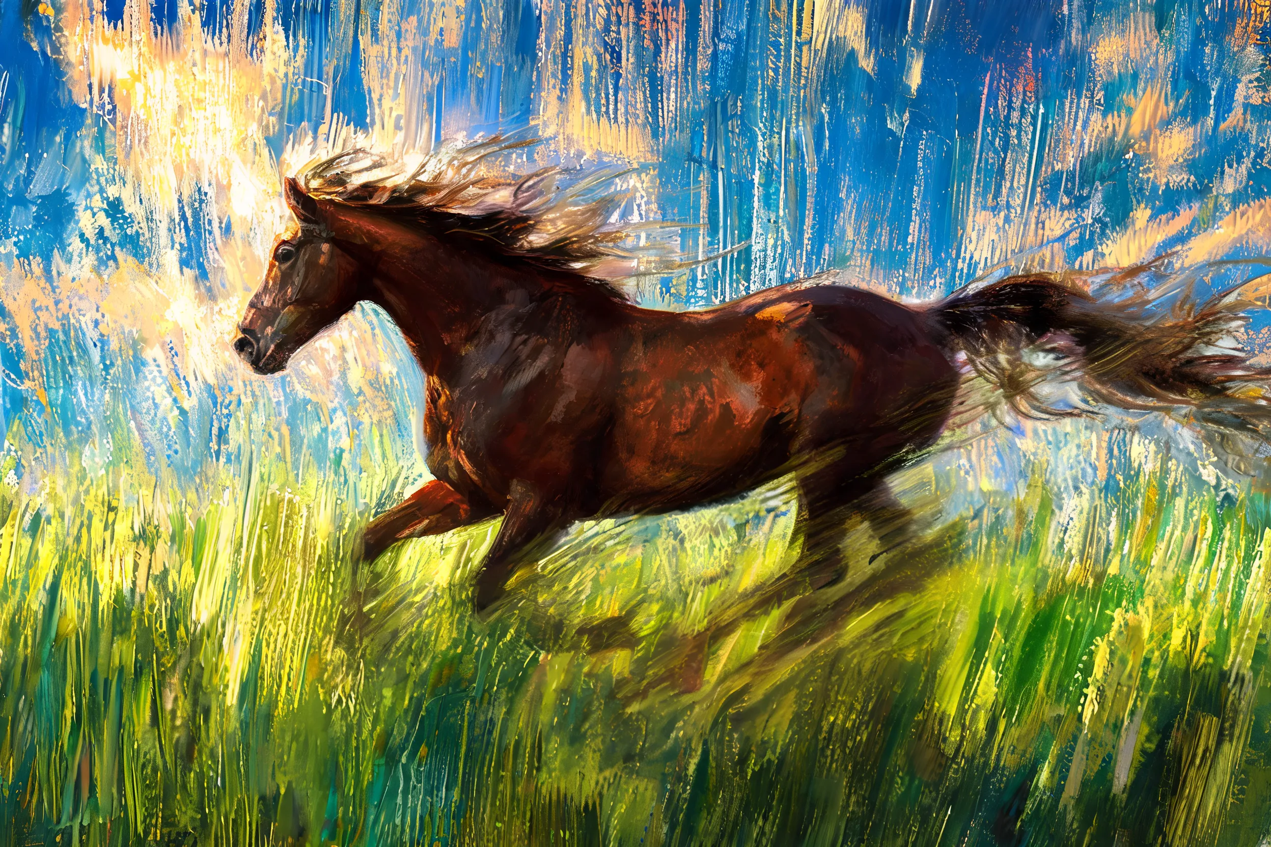 A powerful horse racing at full gallop across a sunlit meadow, captured with intentional camera movement and slow shutter speed panning technique, extreme motion blur on the legs and tail, abstract vertical streaks of grass and sky in the background, impressionist oil painting aesthetic, vibrant contrasting colors, high kinetic energy, the horse's head slightly sharper but still featuring motion ghosting, artistic representation of speed
