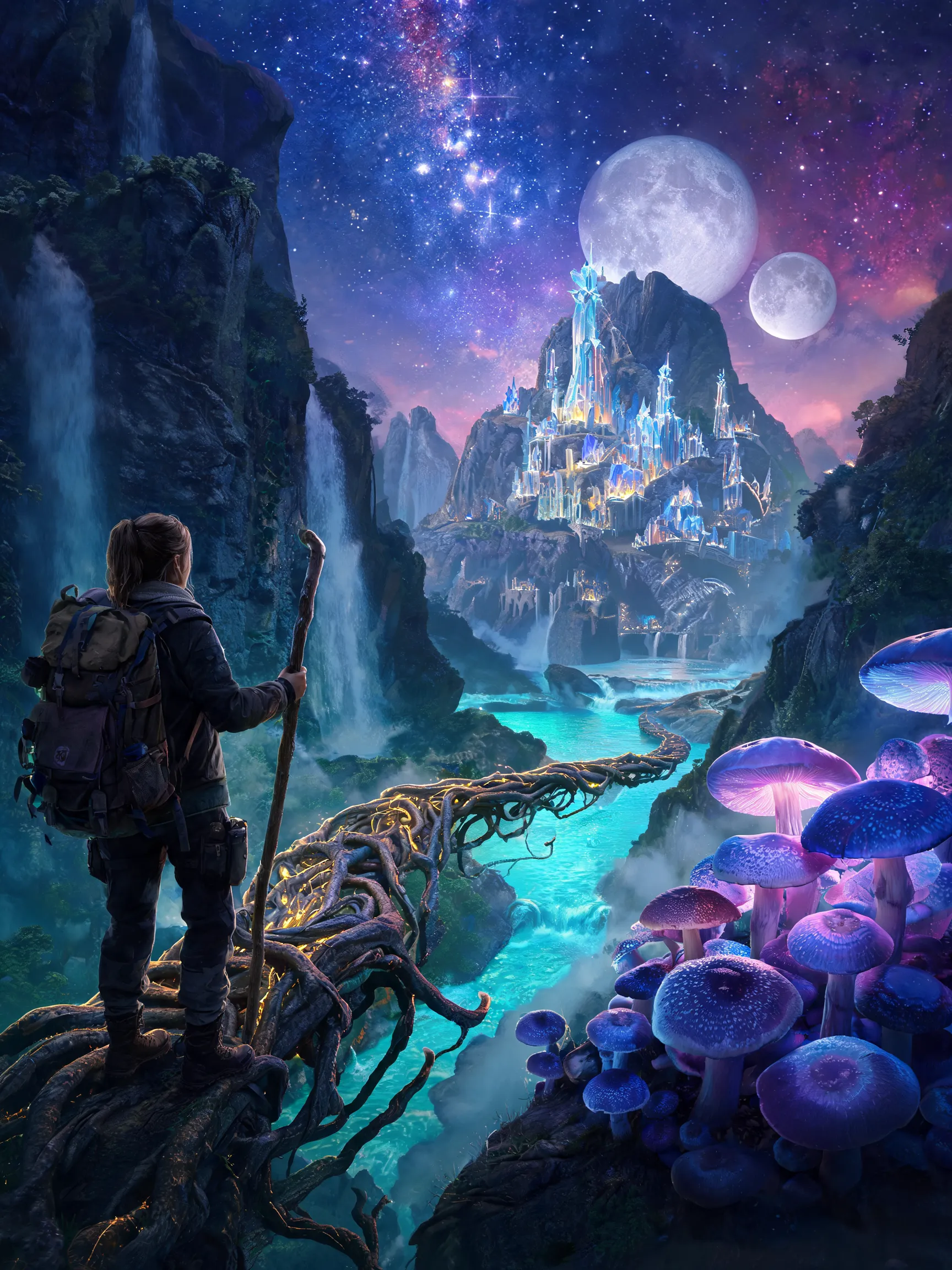 A photorealistic, highly detailed digital painting of a female explorer on a quest in a magical, twilight landscape. She stands at one end of a gnarled, glowing root bridge spanning a glowing turquoise river in a deep gorge. Her backpack is large and worn, and she carries a staff. On her right, giant, bioluminescent mushrooms with purple, blue, and violet caps cluster thickly, casting soft light. Across the canyon, a colossal, glowing elven city made of crystalline towers is built into the side of massive, craggy mountains. A spectacular cosmic sky overhead displays two large moons, a brilliant star cluster, and a galaxy-like nebula. Cascading waterfalls flow from the mountains, and mist fills the valleys. The composition uses leading lines and a clear foreground-midground-background structure. The color palette is composed of deep blues, magentas, turquoise, and gold accents. 8k resolution, cinematic lighting, conceptual art