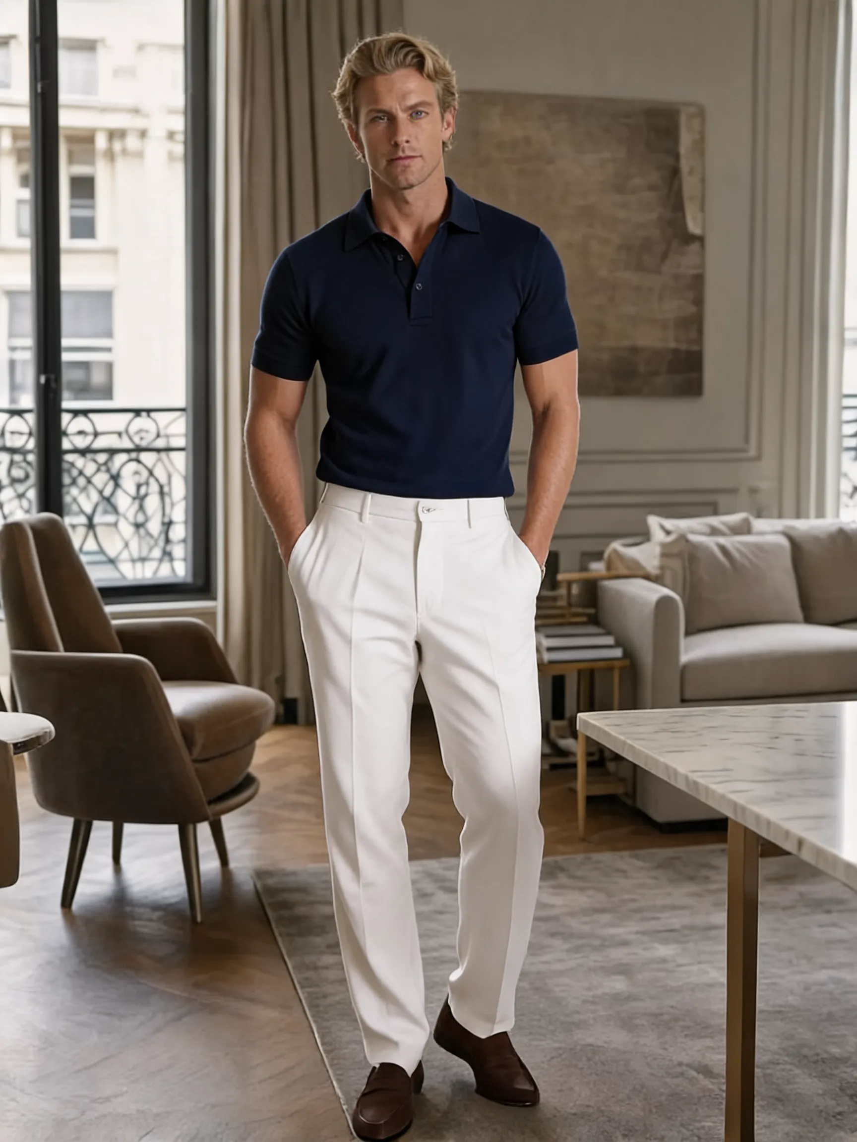 Try this clothing item on the person in the photo.