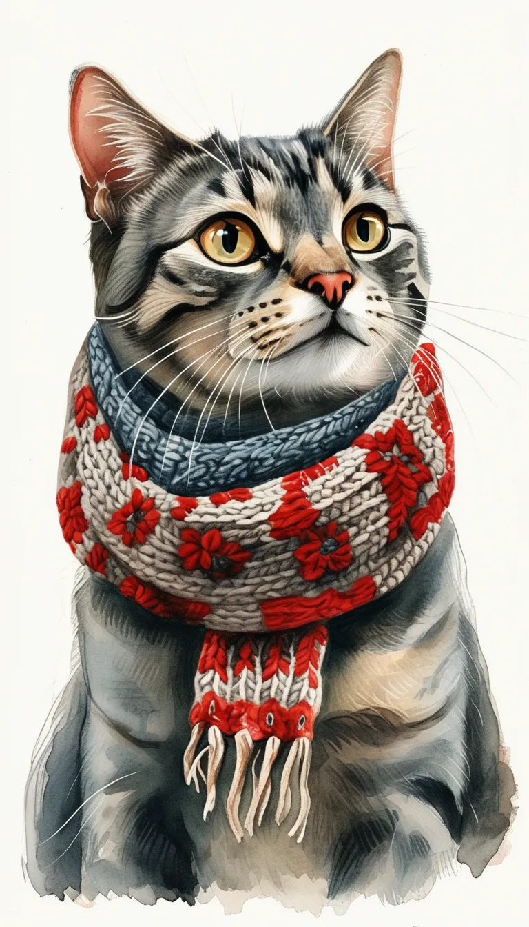 Watercolor illustration of a grey tabby cat wearing a red patterned knit scarf, soft pastel colors, white background, gentle brushstrokes, aspect ratio 1104:1472