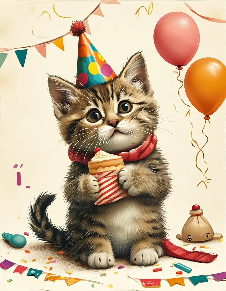 Kitten party, anthropomorphic cats, fancy delicate party hats. One kitten balances a cake on its head, one wears funny novelty glasses, one blows a party horn, one holds a wrapped gift. Kittens scattered randomly across frame, moderate negative blank space, party balloons, joyful festive atmosphere, cream textured paper background, warm harmonious vibe. Colored pencil drawing, childlike playful style. Seamless repeat tile pattern, 3×3 grid layout, various poses, soft squishy texture, all above cute kittens with adorable outfits, plain white background. Cartoon art style, Japanese manga aesthetic, faint thin outlines, chibi sticker design, round plump cute kitten characters wearing hats and scarves. 3×3 grid of funny exaggerated expression emoticons with daily life themes: excited riding bike, goodnight pose, eating snacks, head scratching with confused look, happily sipping milk tea, taking bath, angry mood, typing on keyboard and joyful moments. Simple line drawing, flat illustration style. Add tiny cute decorative symbols to enrich facial expressions. Cartoon vector graphic style, full-body character display, high definition, solid white background.