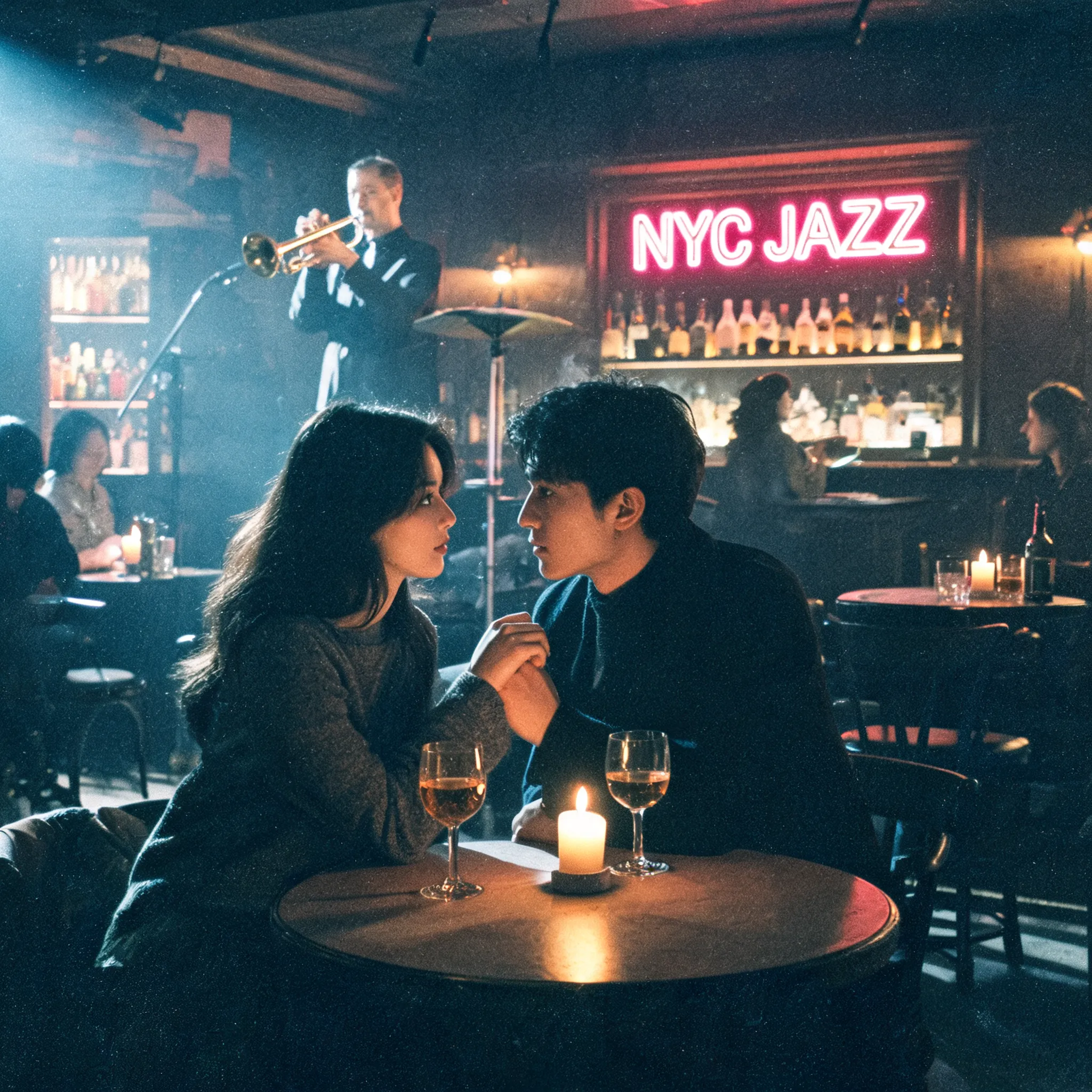 New York jazz bar romance, film grain texture, American indie style, improvised shots, blues atmosphere