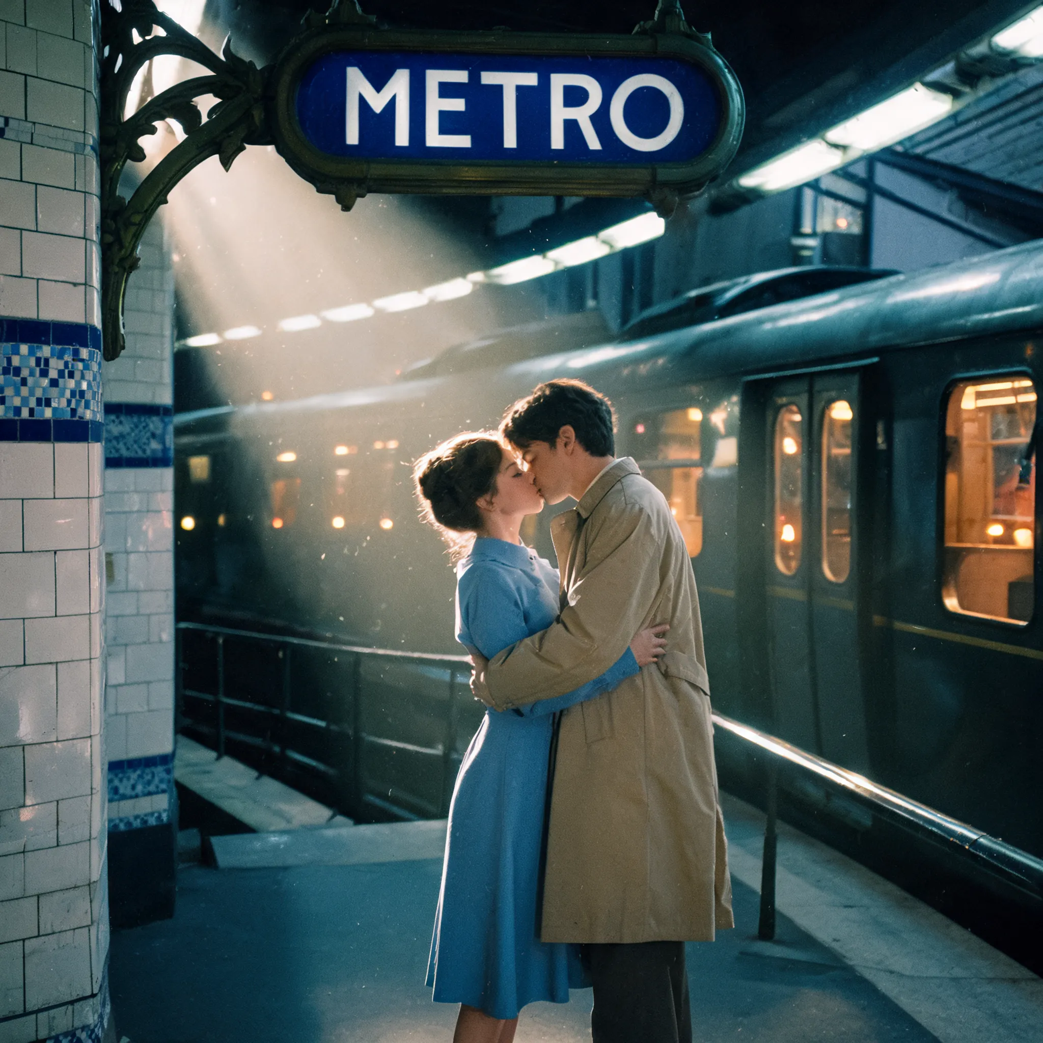 Paris metro station romance, vintage film texture, French New Wave cinematography, interplay of light and shadow, romantic color grading