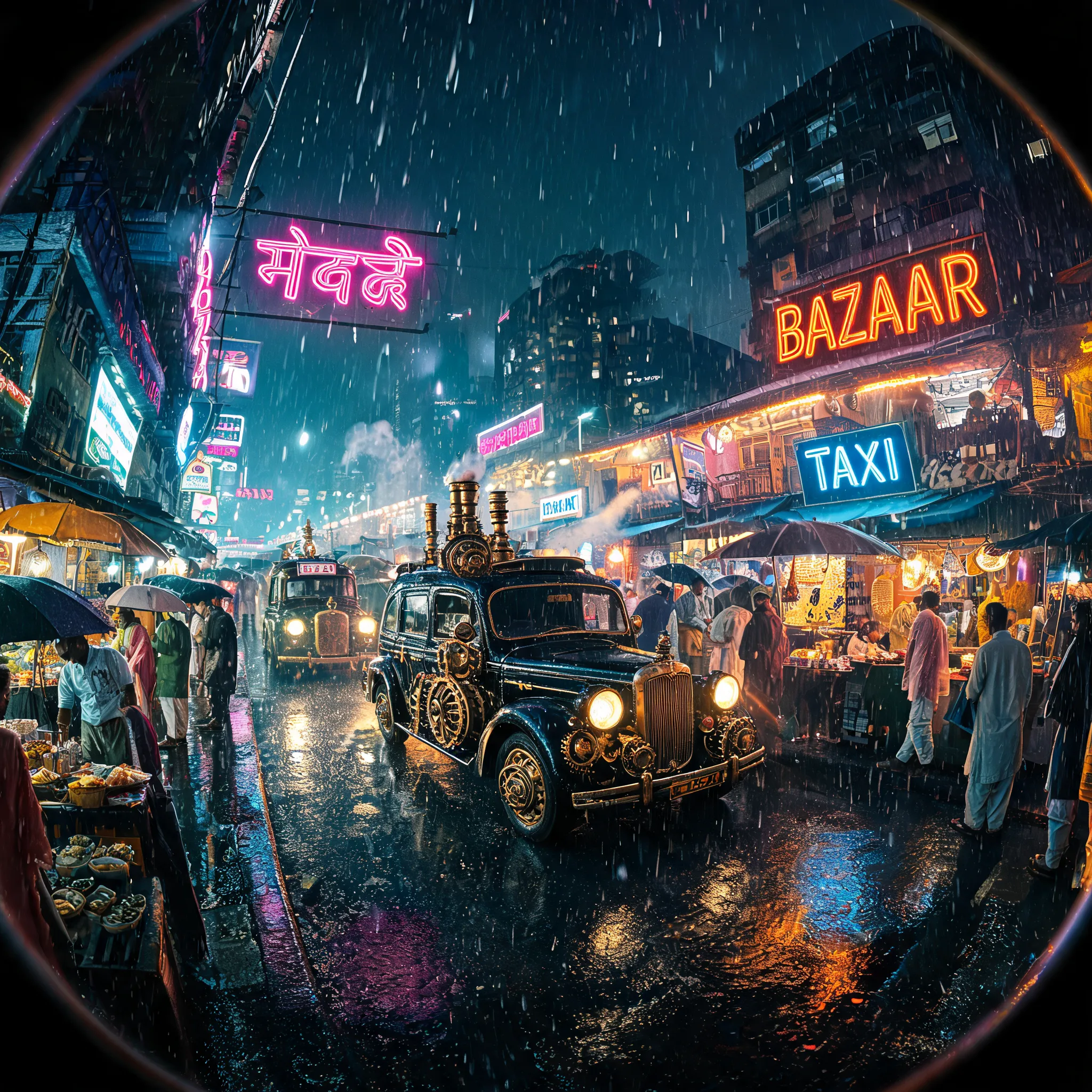 Mumbai rainy night, steampunk taxis weaving through neon bazaars, fisheye lens capturing street life, Indian neo-noir style, slow-motion raindrops