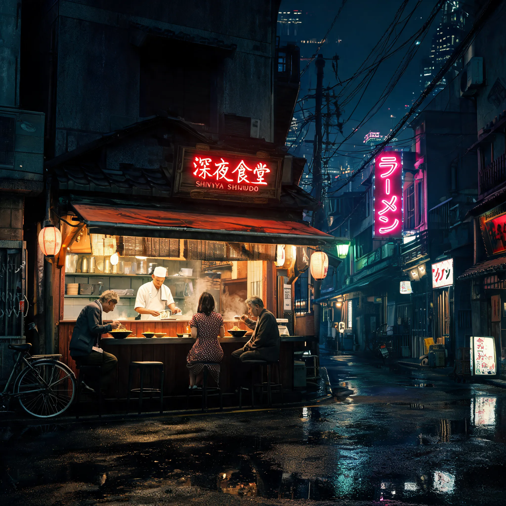 Tokyo midnight diner, Showa-era aesthetics, street life vignettes, handheld camera work, cinematic lighting, Japanese art house film