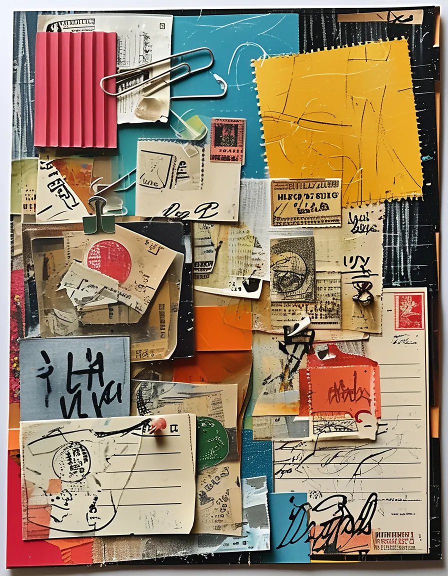 Hand-drawn collage, collage-style artwork inspired by contemporary daily life Plastic sheets, album covers, receipt slips, paper clips, stamps, postcards, stickers, doodle sketches, handwritten notes, receipt slips Layered composition, multi-textured paper, artistic layout, handmade aesthetic, collage, creative assemblage, mixed media, Dadaism