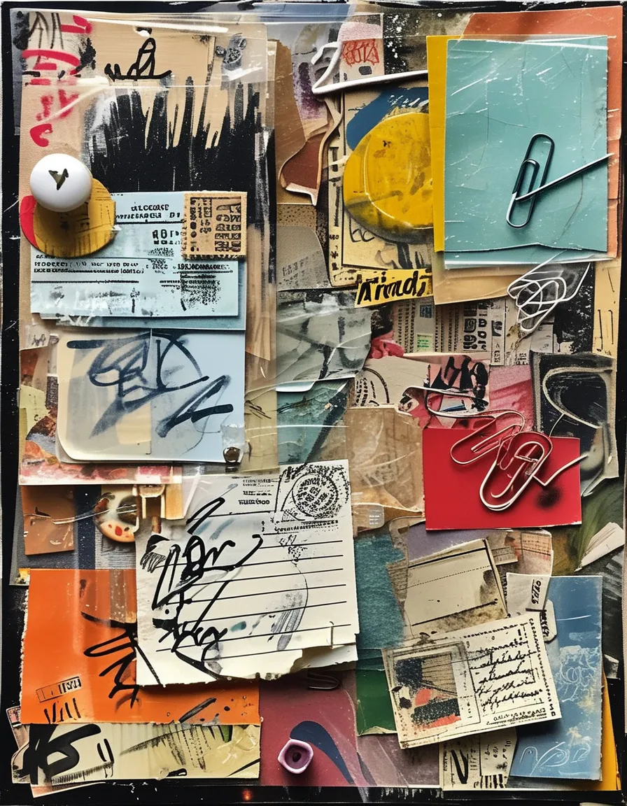 Hand-drawn collage, collage-style artwork inspired by contemporary daily life Plastic sheets, album covers, receipt slips, paper clips, stamps, postcards, stickers, doodle sketches, handwritten notes, receipt slips Layered composition, multi-textured paper, artistic layout, handmade aesthetic, collage, creative assemblage, mixed media, Dadaism