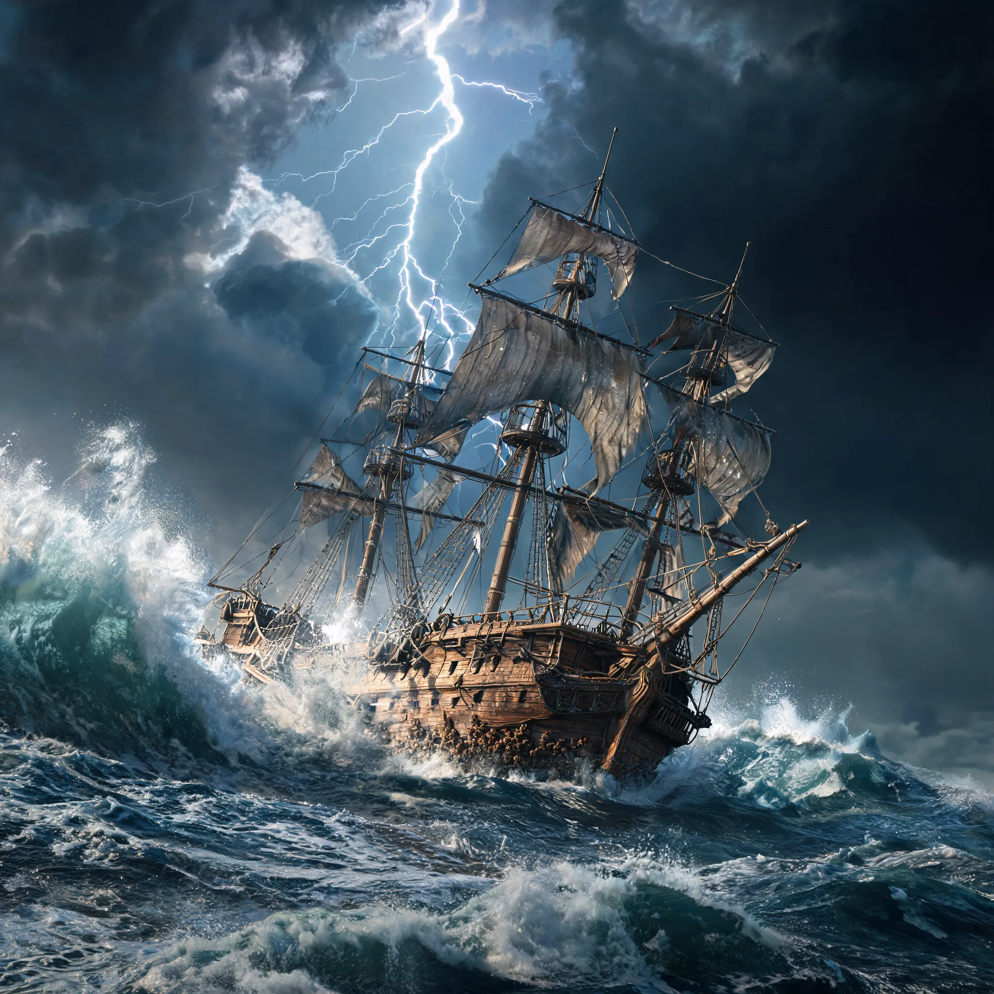A highly detailed 3D sailing ship model in a violent ocean storm, cinematic wave simulation, realistic water physics, wooden hull with weathered PBR materials, detailed ropes, sails and rigging system, lightning illuminating the scene, Unreal Engine 5 cinematic render, Blender Cycles style, Octane render quality, game-ready naval asset, high polygon modeling, volumetric clouds, dramatic lighting, studio-quality 3D environment showcase, ultra realistic product visualization, 8K