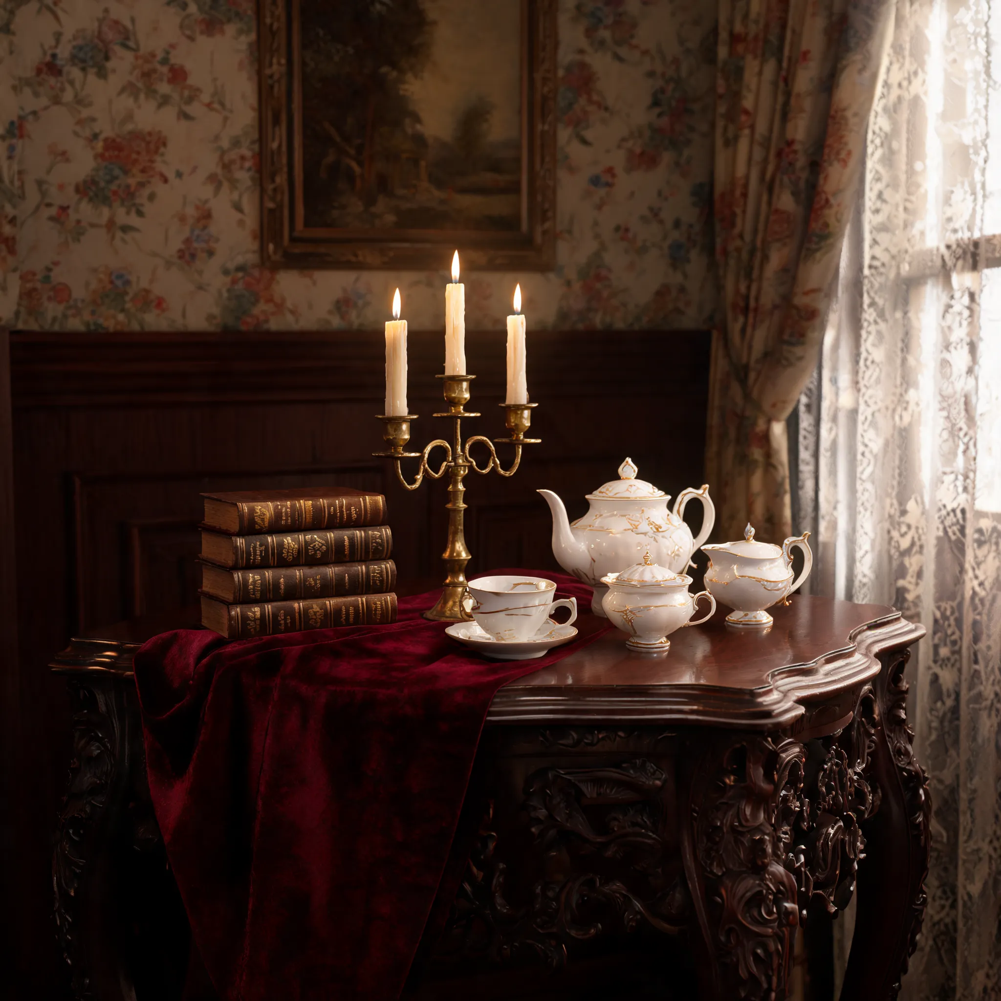 A Victorian-era indoor still life rendered as a highly detailed 3D environment asset, antique wooden furniture, brass candle holders, porcelain tea sets, vintage books, realistic fabric and velvet materials, physically based rendering (PBR), soft cinematic interior lighting, global illumination, ray tracing, Unreal Engine 5 architectural visualization style, Blender Cycles render, high polygon scene, luxury historical interior, ultra detailed 3D asset showcase, 8K