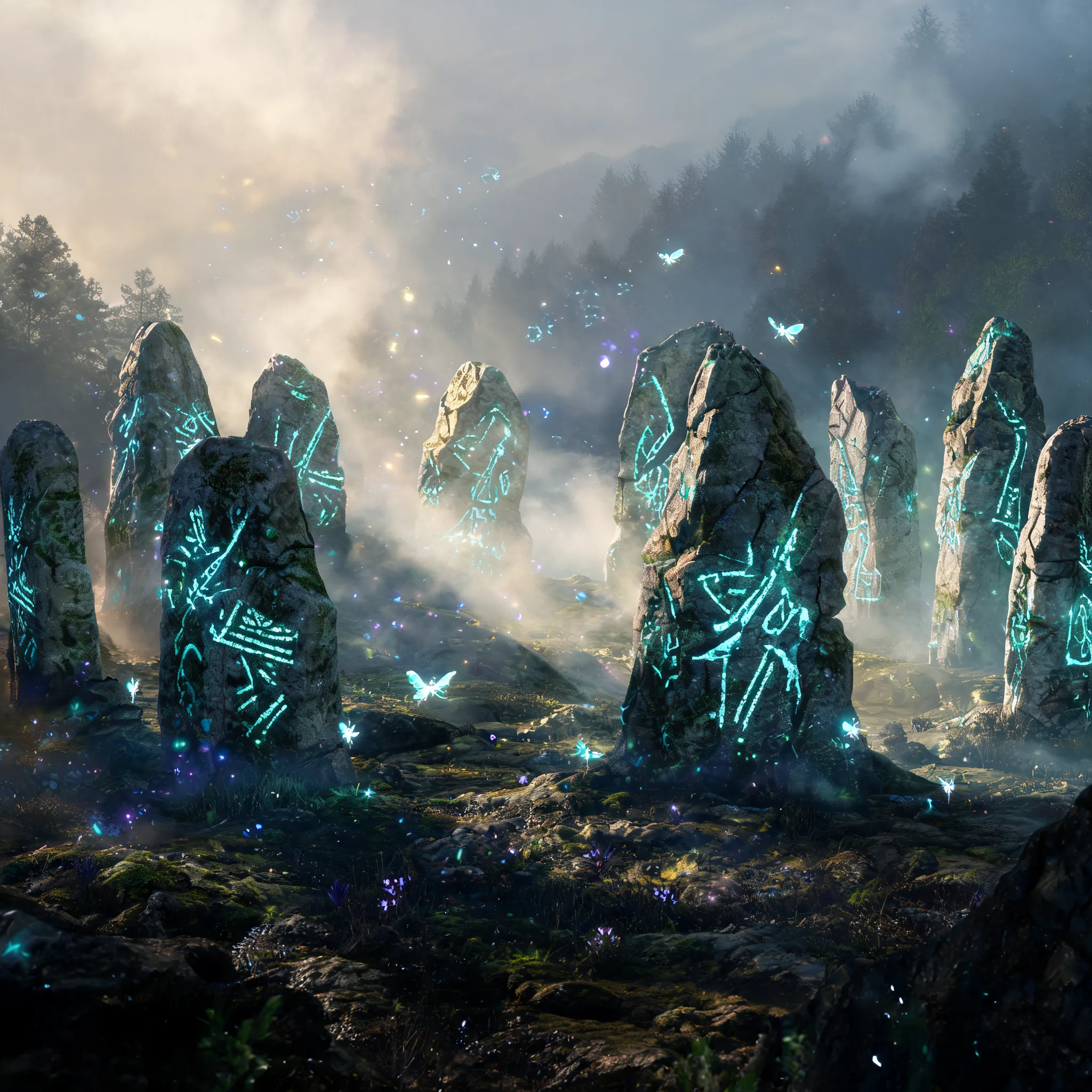 A timeworn ancient stone circle rendered as a fantasy 3D game environment asset, massive weathered stones with engraved glowing runes, volumetric mist and fog effects, surrounding magical particles and creatures, realistic rock PBR textures, Unreal Engine 5 fantasy world render, high polygon environment design, cinematic lighting, atmospheric depth, Blender Cycles render, Octane quality, open-world game asset showcase, ultra detailed 3D scene, 8K