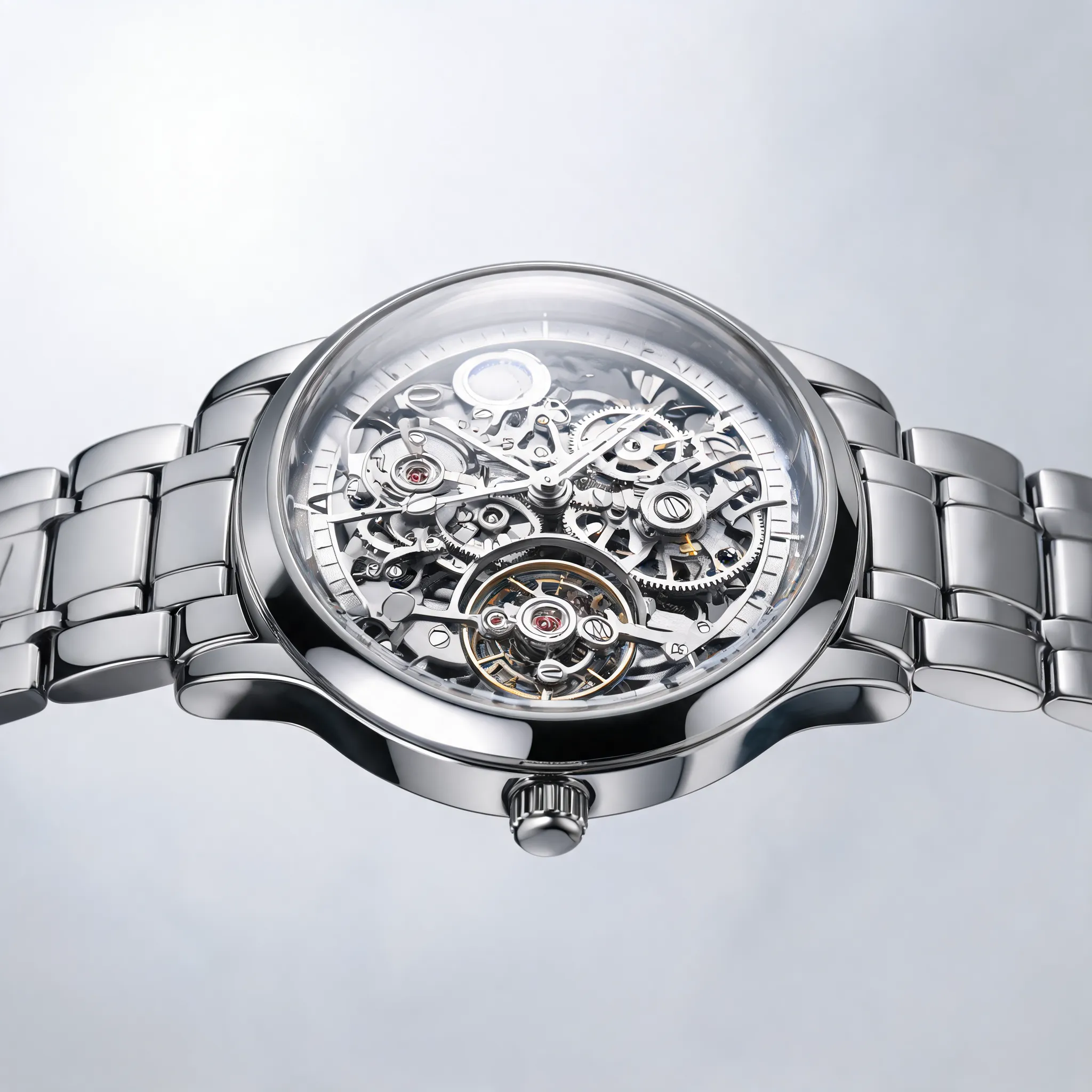 A luxury mechanical wristwatch 3D product visualization, ultra detailed industrial design, exposed gears and tourbillon mechanism, stainless steel and sapphire crystal materials, realistic reflections and refractions, macro product shot, studio lighting setup, PBR materials, Octane render, Blender Cycles, high polygon CAD model, luxury commercial advertisement render, Apple-style product presentation, ultra realistic 3D showcase, 8K
