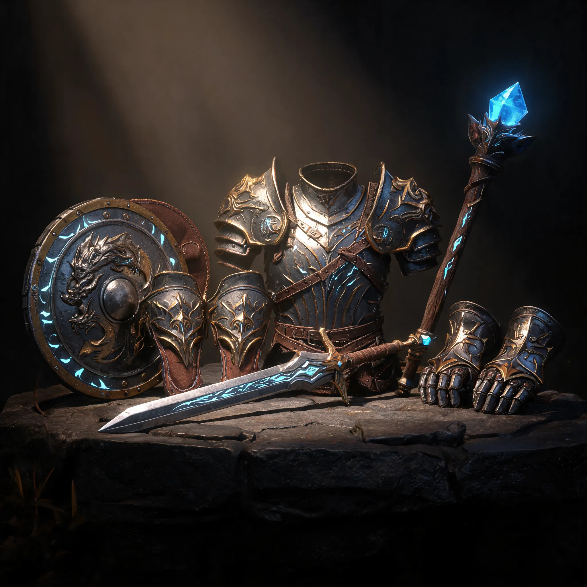 A fantasy game equipment set rendered as a high-quality 3D asset showcase, including sword, shield, armor pieces and magical weapons, stylized fantasy design, game-ready topology, PBR metal and leather materials, Unreal Engine 5 render, high polygon modeling, cinematic studio lighting, ArtStation portfolio quality, RPG game asset design, hard-surface modeling, ultra detailed 3D visualization, collectible item presentation, 8K