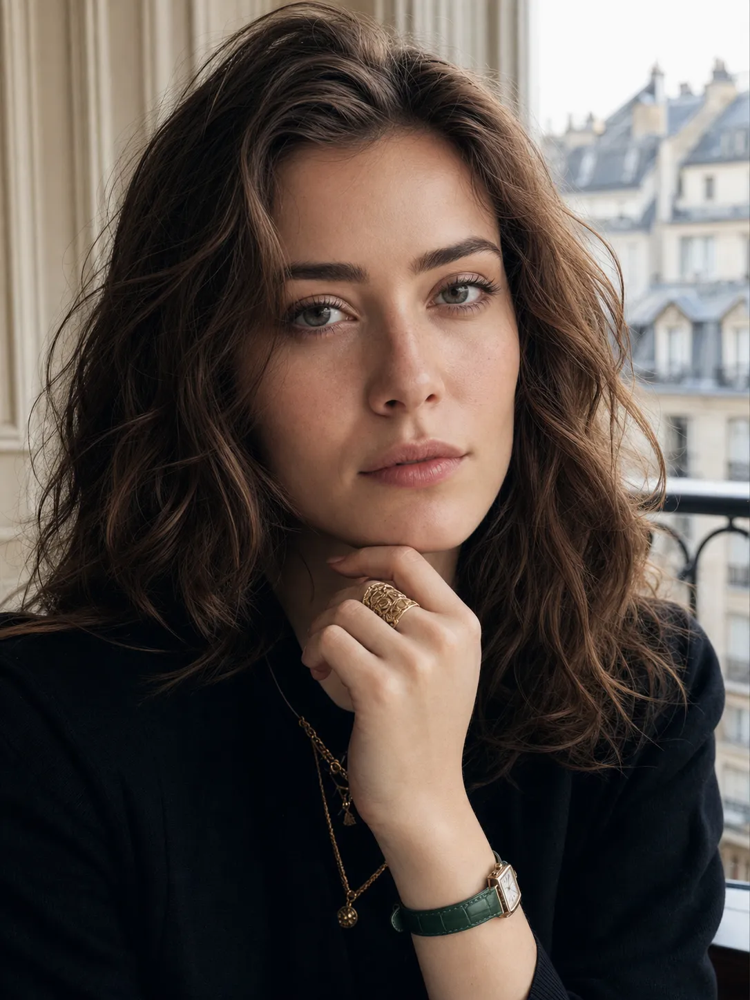 An extreme, hyper-detailed portrait of a French woman, fair skin with wavy brown hair (similar texture to the subject in image_6.png, but fine-tuned). Hand on chin, wearing a refined metal filigree ring. Layered gold chains and a wristwatch with a green leather strap. The background is a blurred classic Parisian apartment interior with Hausmannian stone walls and a blurred Parisian rooftop view through the window. --ar 3:4 --v 6.0