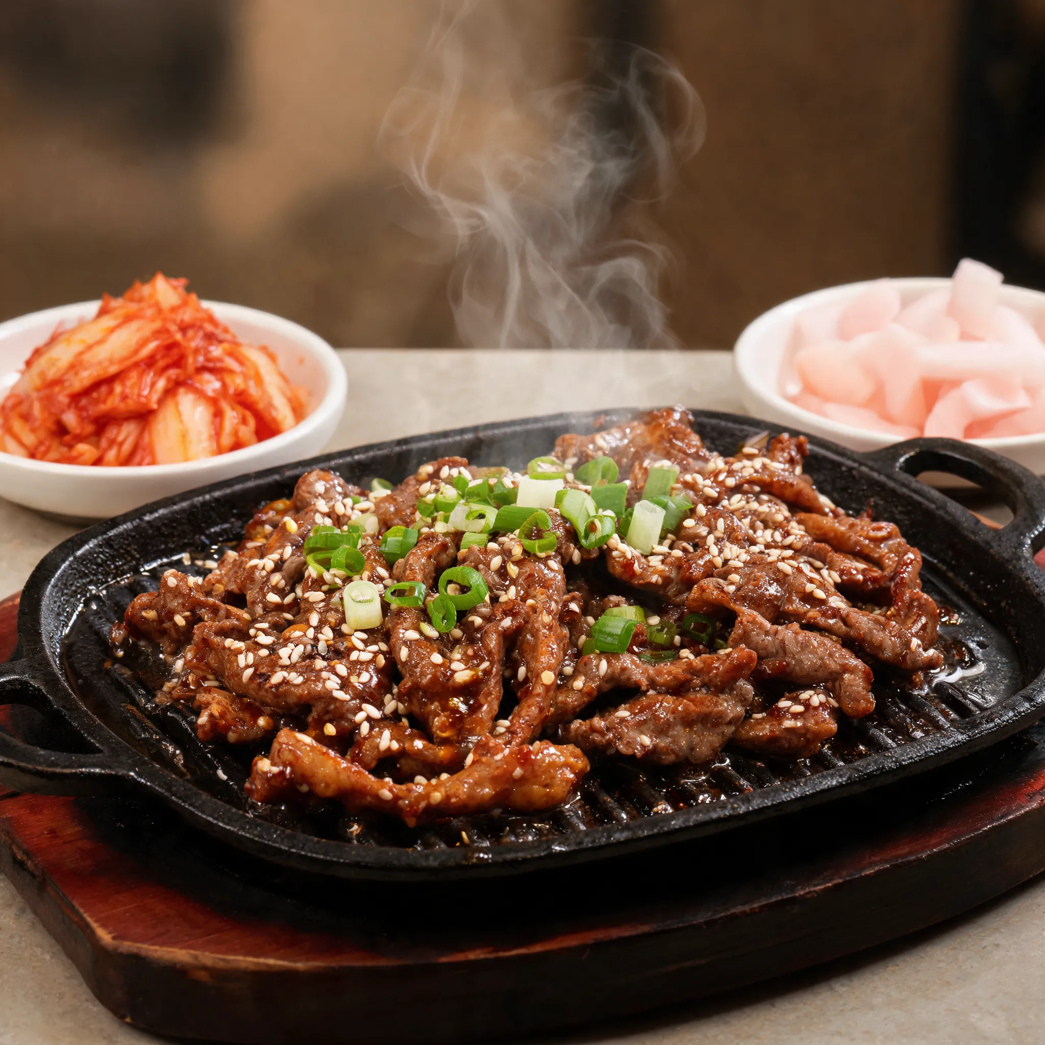 Korean BBQ restaurant menu dish, grilled bulgogi beef on sizzling hot plate, glossy caramelized marinade, sesame seeds and green onions garnish, side dishes of kimchi and pickled radish, steam rising, appetizing commercial food photography, studio lighting, shallow depth of field, premium restaurant menu style, ultra realistic, 8K, promotional food advertising image