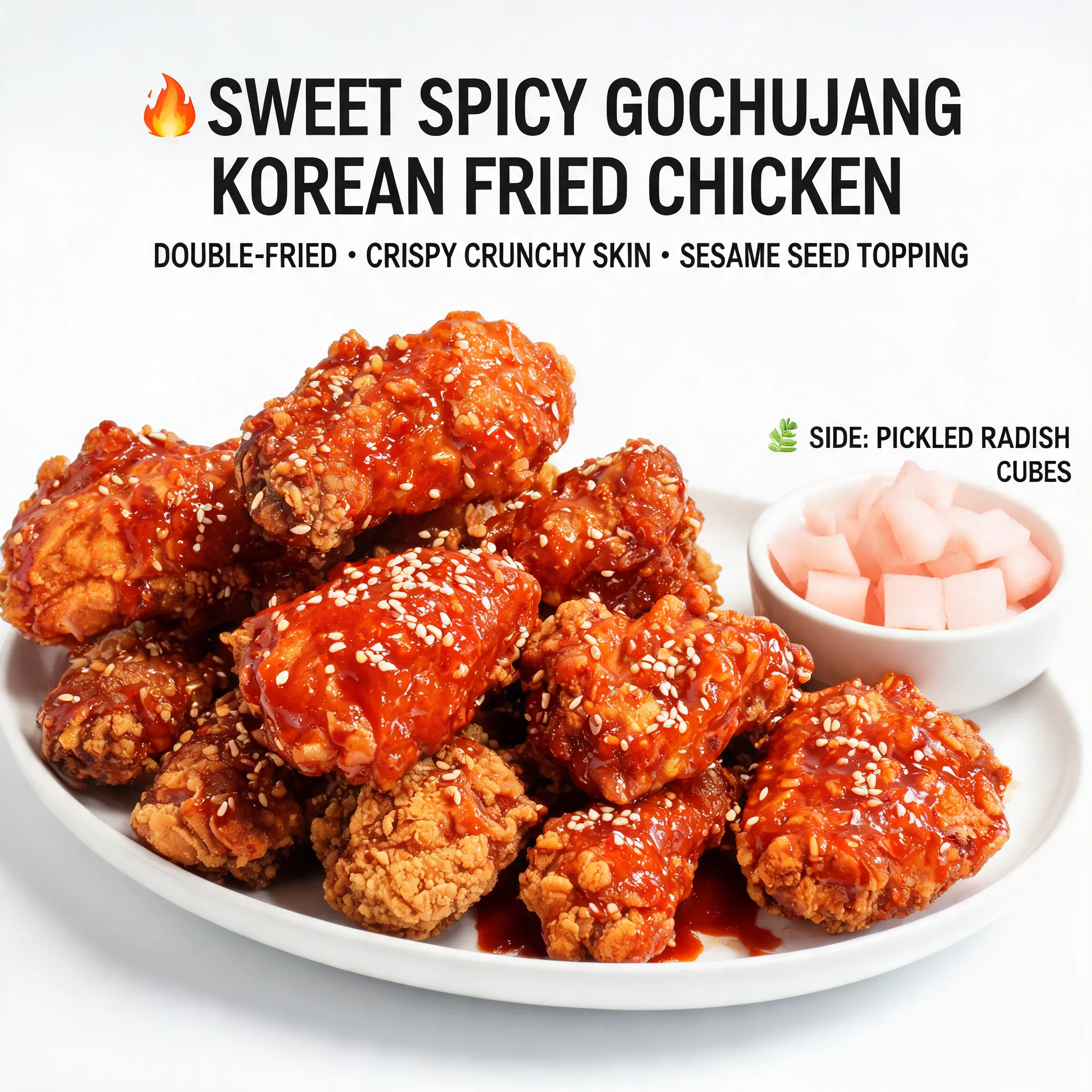Korean fried chicken menu dish, crispy double-fried chicken glazed with sweet spicy gochujang sauce, shiny texture, sesame seeds sprinkled, served with pickled radish cubes, close-up food advertising shot, crispy skin detail, studio lighting, commercial menu photography, high-end restaurant promotion style, ultra realistic, 8K