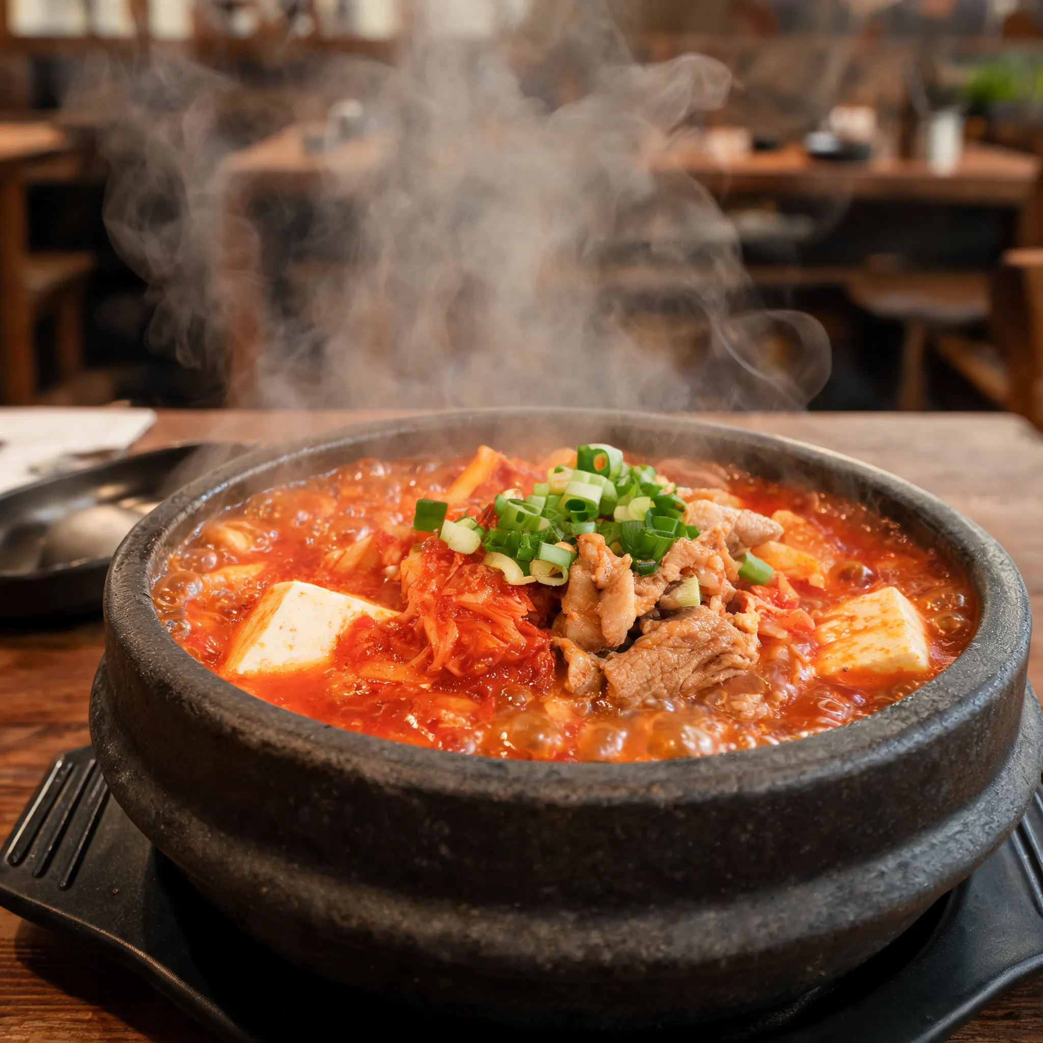 Korean kimchi stew (kimchi jjigae), bubbling hot stone pot, rich red spicy broth, tofu cubes, pork slices, kimchi pieces, green onions, steam rising dramatically, rustic Korean restaurant style, cinematic food photography, warm lighting, appetizing commercial menu image, ultra realistic, 8K, promotional dish shot