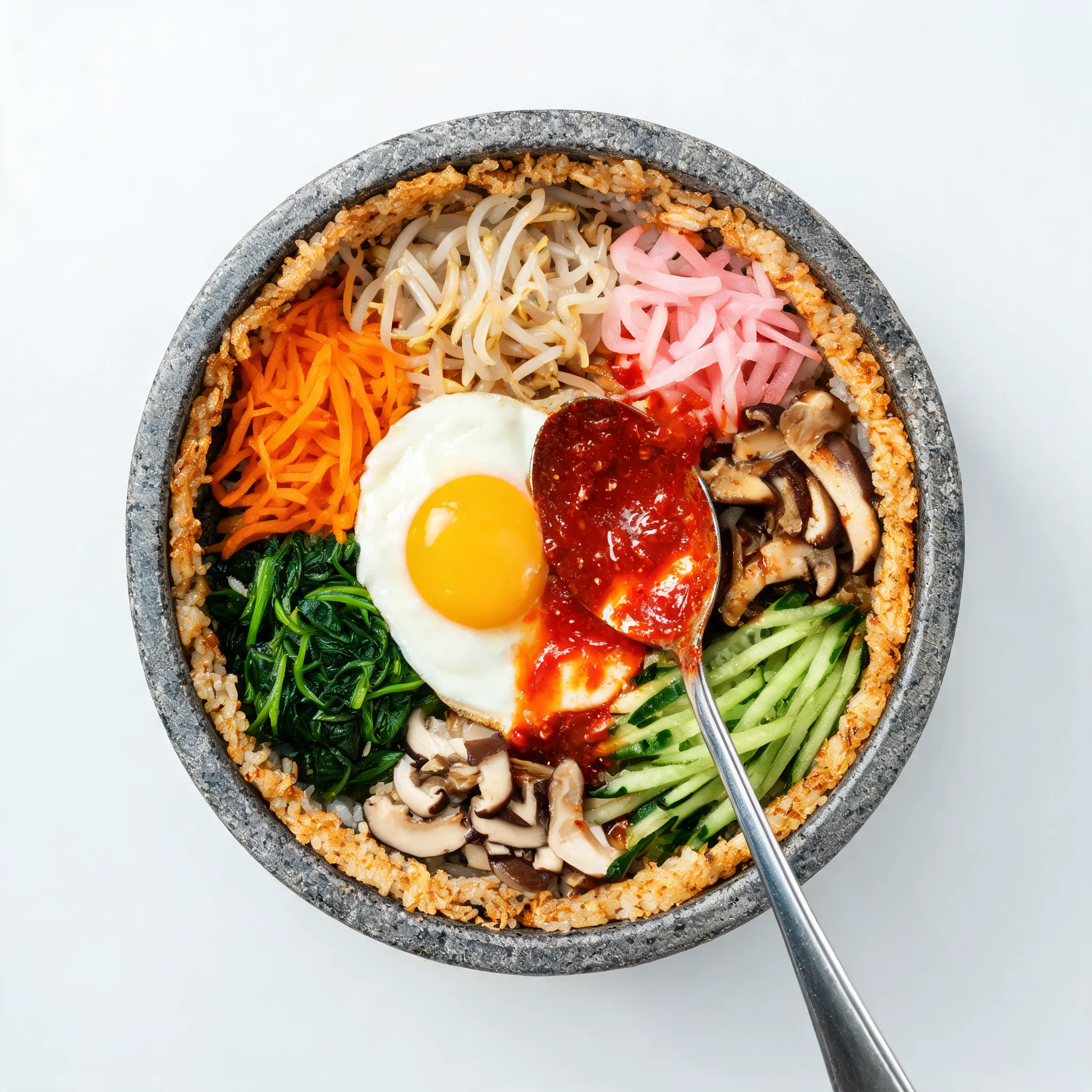 Korean bibimbap in hot stone bowl, colorful arrangement of vegetables, fried egg with runny yolk on top, gochujang sauce being mixed, rice slightly crispy at edges, vibrant balanced composition, top-down commercial food photography, clean studio lighting, premium restaurant menu style, ultra realistic, 8K promotional image