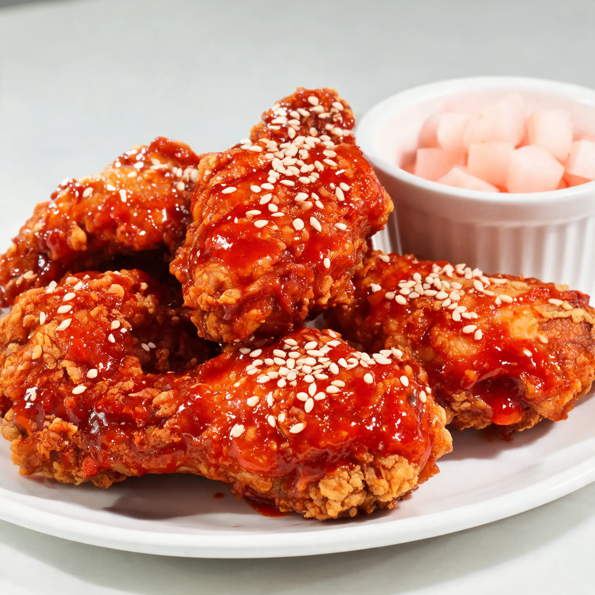 Korean fried chicken menu dish, crispy double-fried chicken glazed with sweet spicy gochujang sauce, shiny texture, sesame seeds sprinkled, served with pickled radish cubes, close-up food advertising shot, crispy skin detail, studio lighting, commercial menu photography, high-end restaurant promotion style, ultra realistic, 8K