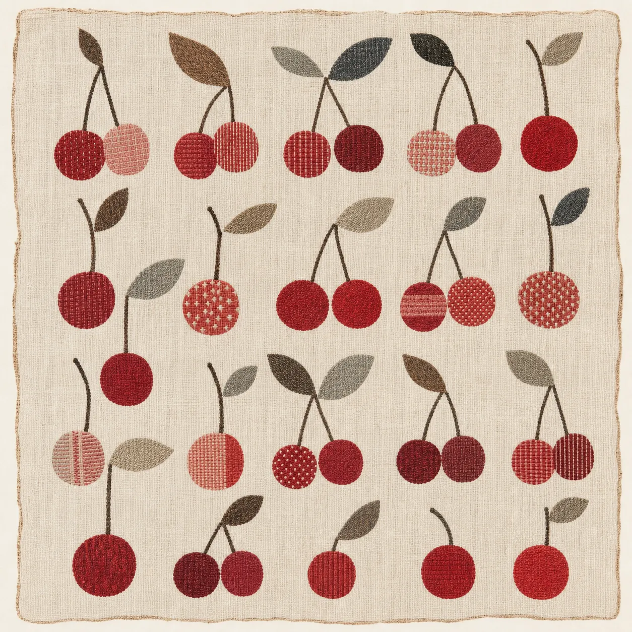 Flat embroidery pattern featuring geometric designs in the style of Mina Perhonen textiles. The core motif is a loose cherry matrix, resembling printed fabric. Soft natural tones centered on red color palette. The edges of the pattern carry subtle hand-drawn imperfections, laid over a delicate linen-textured background, conveying a warm, refined handmade texture. No text anywhere in the frame.