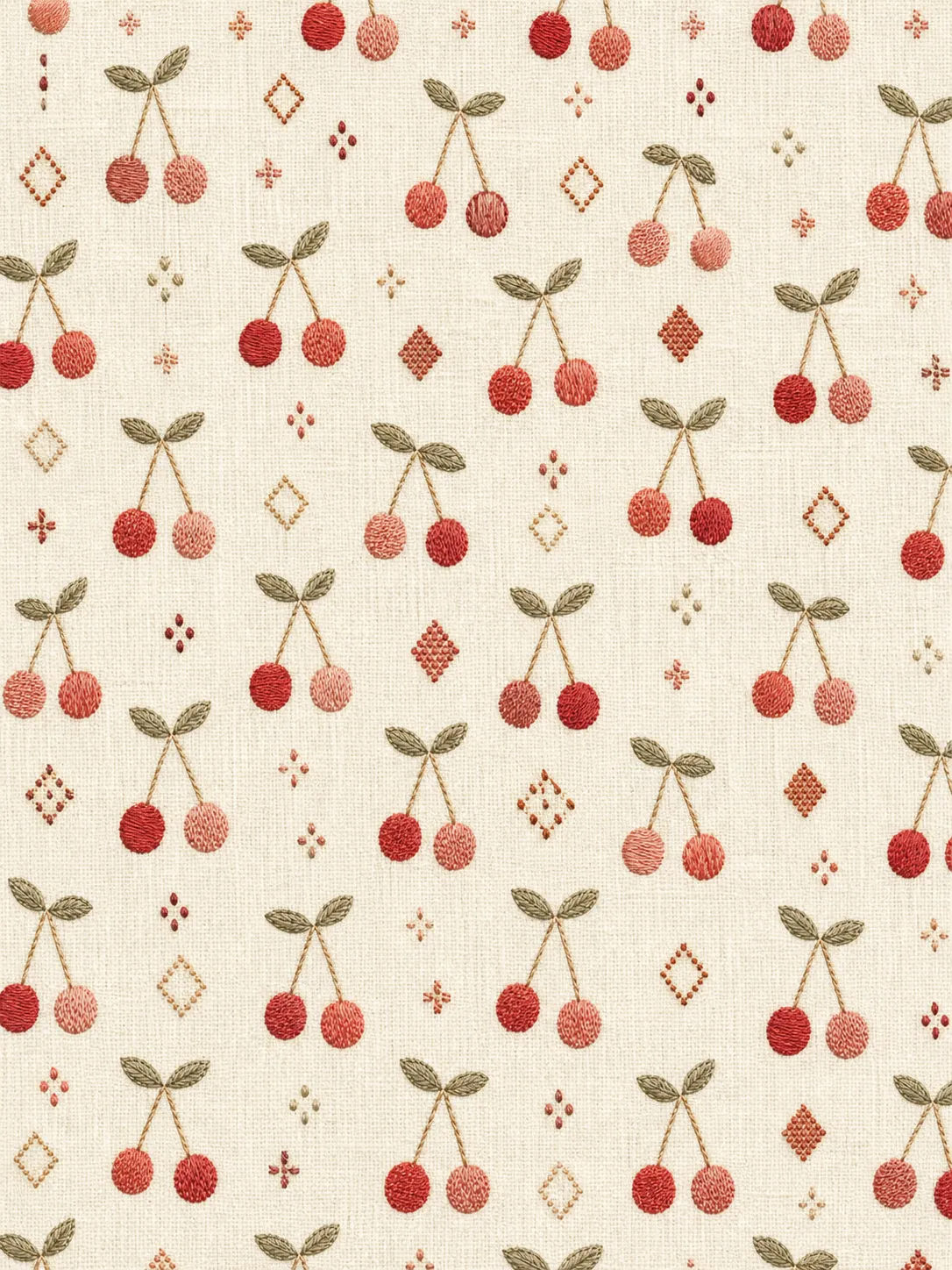 Flat embroidery pattern featuring geometric designs in the style of Mina Perhonen textiles. The core motif is a loose cherry matrix, resembling printed fabric. Soft natural tones centered on red color palette. The edges of the pattern carry subtle hand-drawn imperfections, laid over a delicate linen-textured background, conveying a warm, refined handmade texture. No text anywhere in the frame.