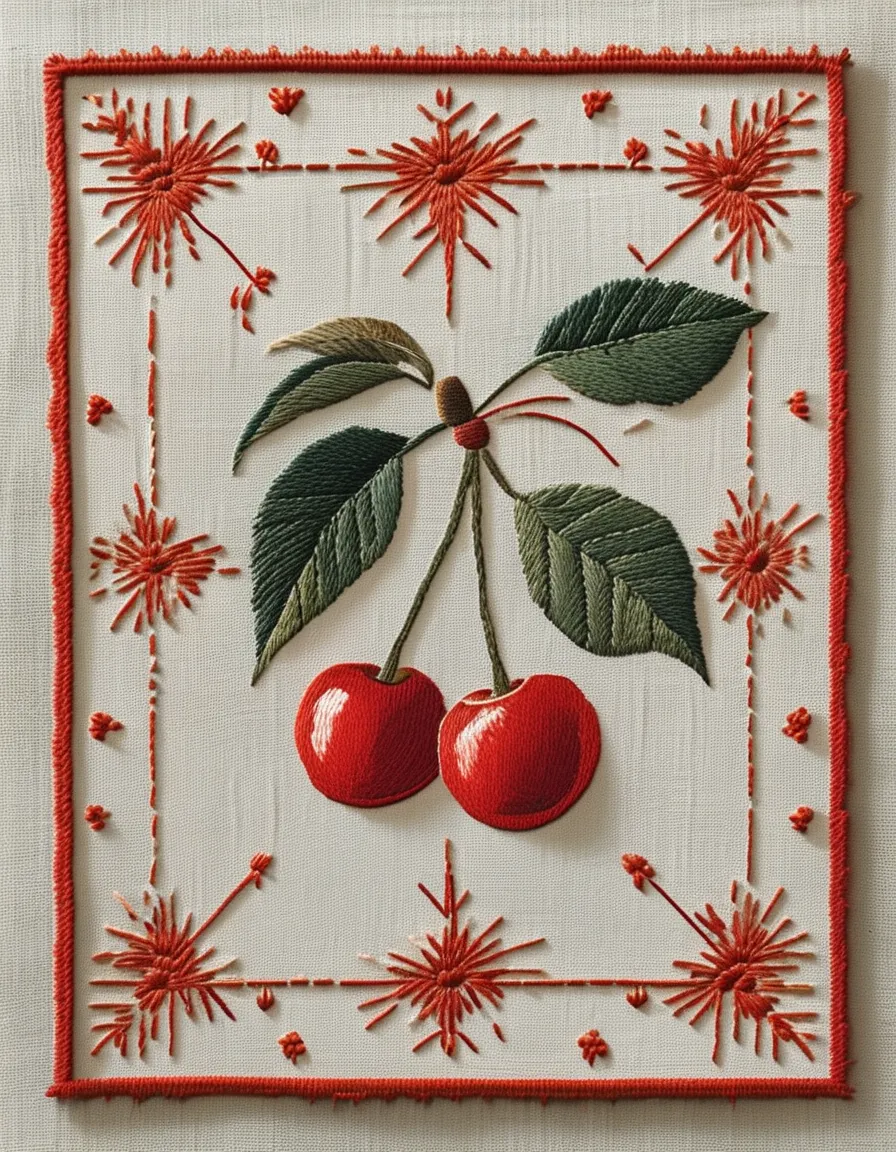 Flat embroidery pattern featuring geometric designs in the style of Mina Perhonen textiles. The core motif is a loose cherry matrix, resembling printed fabric. Soft natural tones centered on red color palette. The edges of the pattern carry subtle hand-drawn imperfections, laid over a delicate linen-textured background, conveying a warm, refined handmade texture. No text anywhere in the frame.
