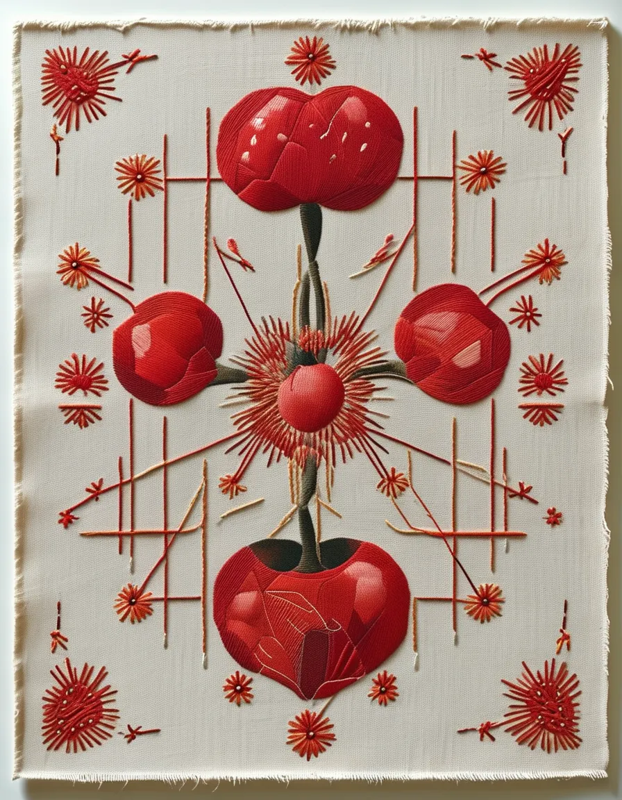 Flat embroidery pattern featuring geometric designs in the style of Mina Perhonen textiles. The core motif is a loose cherry matrix, resembling printed fabric. Soft natural tones centered on red color palette. The edges of the pattern carry subtle hand-drawn imperfections, laid over a delicate linen-textured background, conveying a warm, refined handmade texture. No text anywhere in the frame.