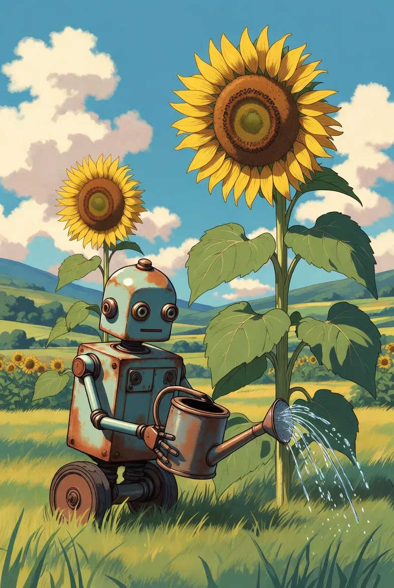Studio Ghibli animation style, a small rusty robot watering giant sunflowers in a lush green countryside during summer, white fluffy clouds floating in the bright blue sky, a gentle breeze blowing through the grass, warm sunlight, soft pastel colors, heartwarming and peaceful scene, 2D hand-drawn aesthetic, high quality, detailed background.
