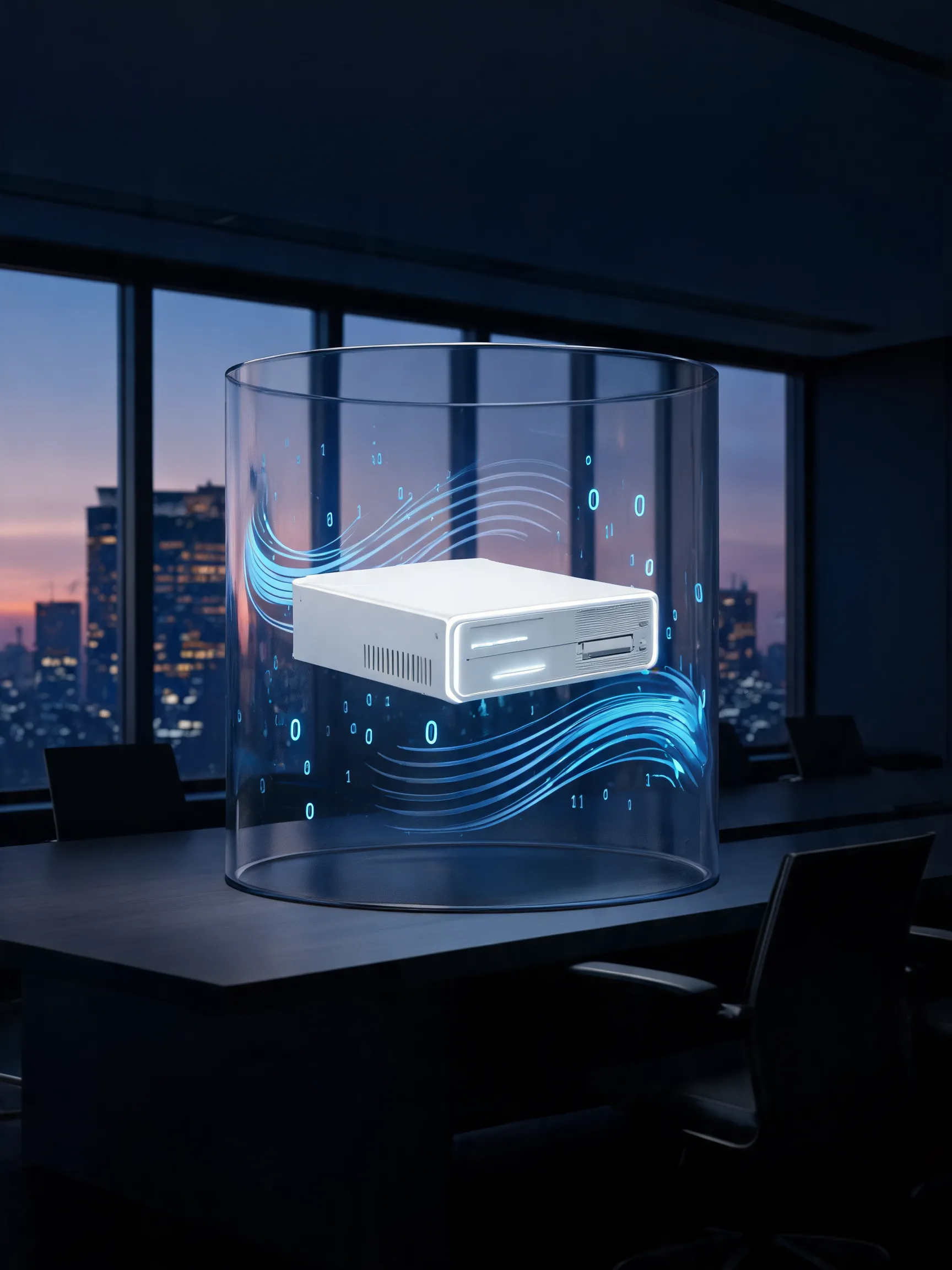 A sleek, hyper-realistic 3D rendering of a white cloud server hardware device floating inside a transparent glass cylinder, surrounded by flowing blue data streams and soft binary code particles. The background is a dark navy boardroom with a blurred city skyline at dusk. Soft cinematic lighting, high contrast, minimalist composition. The mood is innovative, secure, and enterprise-grade. No text, clean design, 8k, octane render style.
