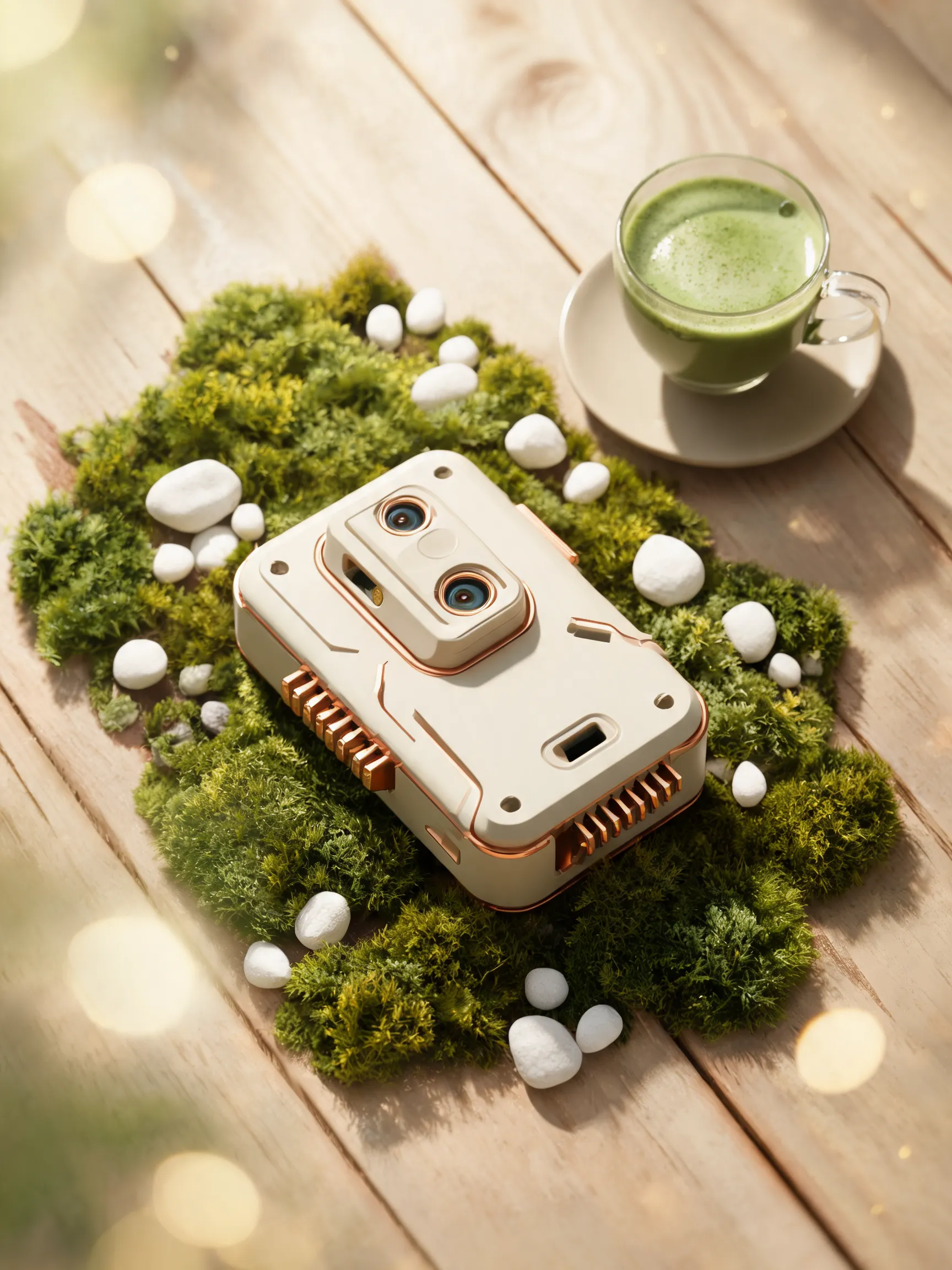 Flat-lay overhead shot of a premium eco-friendly industrial sensor module placed on a raw wooden table, surrounded by lush green moss, white pebbles, and a cup of matcha tea. Warm golden hour sunlight filtering through sheer curtains, shallow depth of field, bokeh in the background. The style is soft, organic, and modern minimalist. Colors: sage green, beige, and copper. Highly detailed, product photography style, 4k.