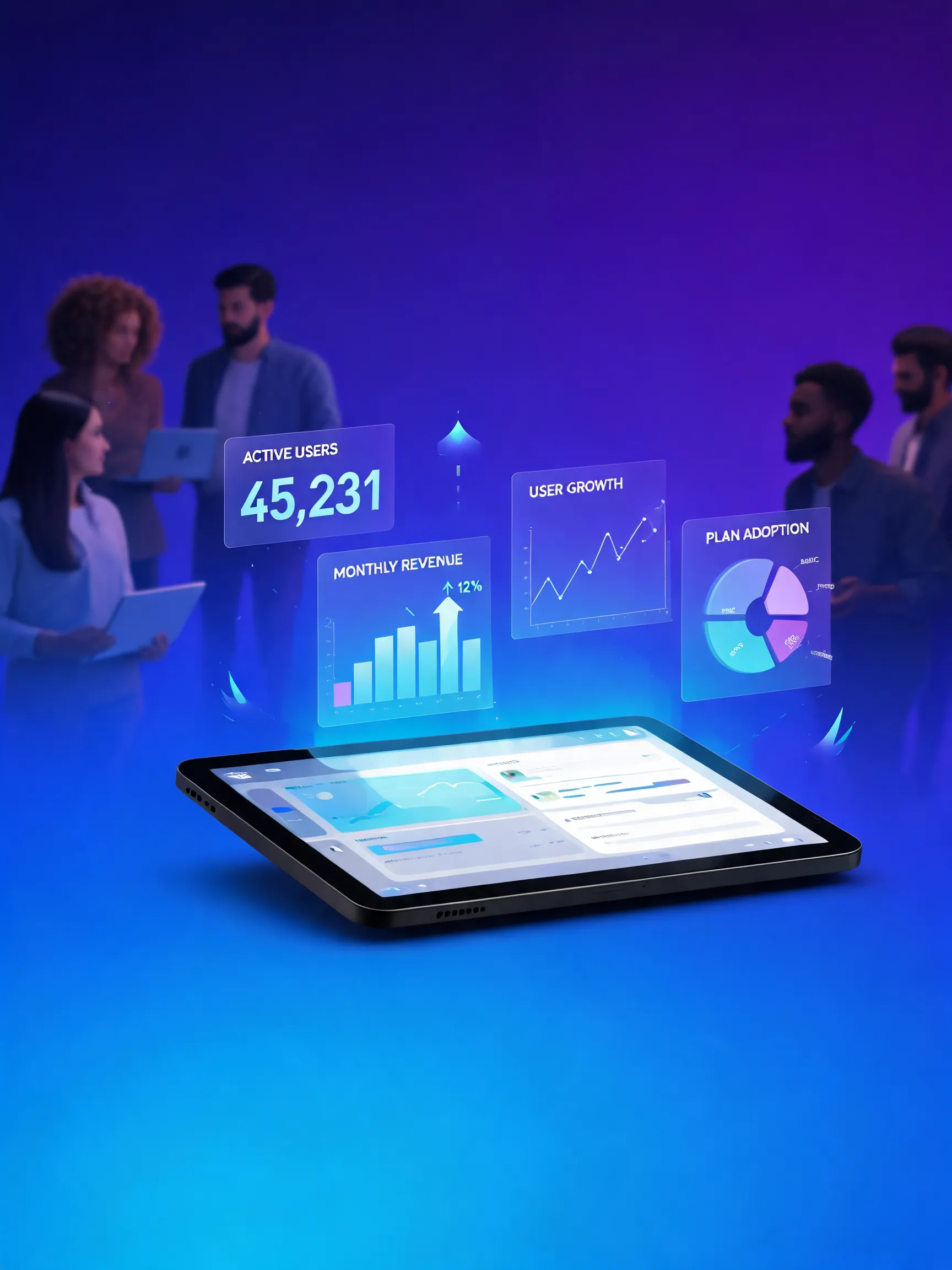 Isometric view of a modular SaaS dashboard interface floating in mid-air, with holographic charts and KPI graphs projecting upward from a tablet device. The scene includes a blurred, diverse team of professionals collaborating in the background (out of focus). Gradient background from deep purple to electric blue. Futuristic, clean, crisp lines, ample negative space for text overlay. Cinematic lighting, unreal engine 5 style.