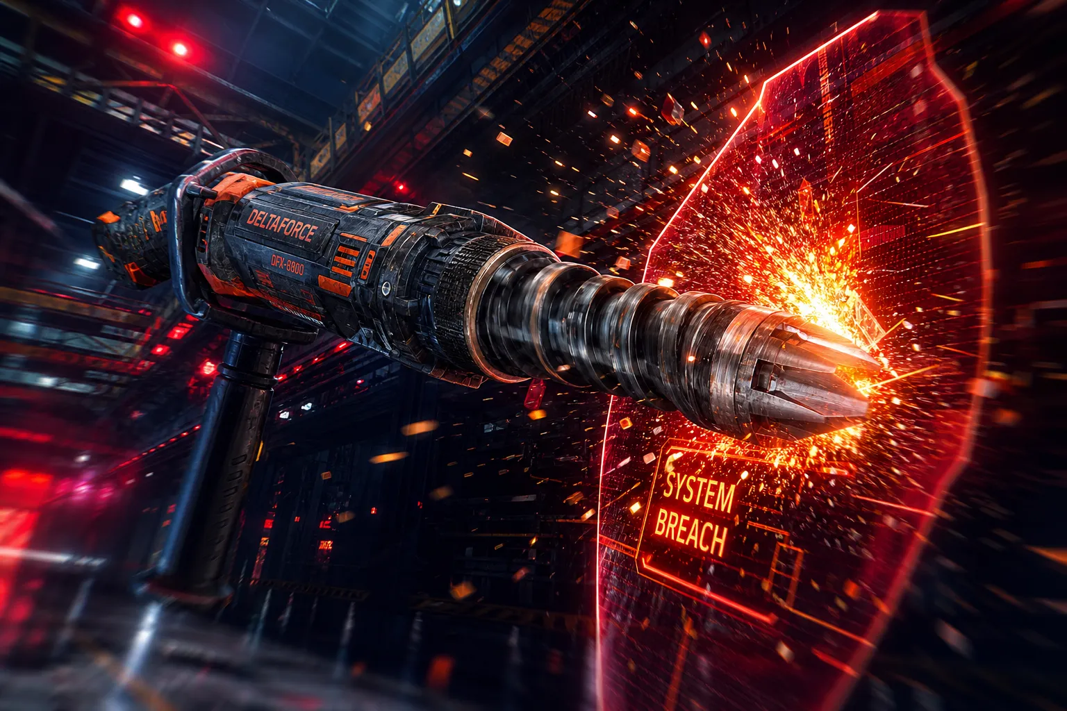 Dynamic, high-speed action shot of a rugged industrial drill bit penetrating a glowing digital shield, with sparks and neon orange particles flying outward. The background is a dark cyberpunk warehouse with red warning lights. Dramatic dutch angle, motion blur effect, intense contrast. The product looks durable, powerful, and unstoppable. 3D hyperrealistic, pop-art color palette, 8k resolution.