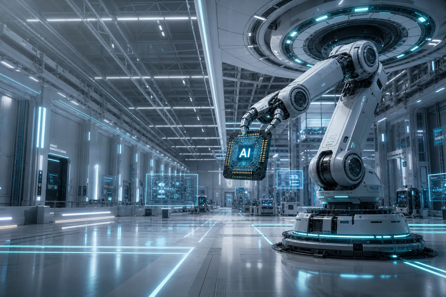 Wide-angle cinematic shot of a massive automated robotic arm holding a glowing AI chip, set in a futuristic white and teal factory of tomorrow. The environment is pristine, with reflective floors, ambient blue neon strips, and floating holographic instruction panels. The composition is grand, symmetrical, and awe-inspiring. Photorealistic, architectural visualization style, 8k, ray-traced lighting, with copy space on the left side.
