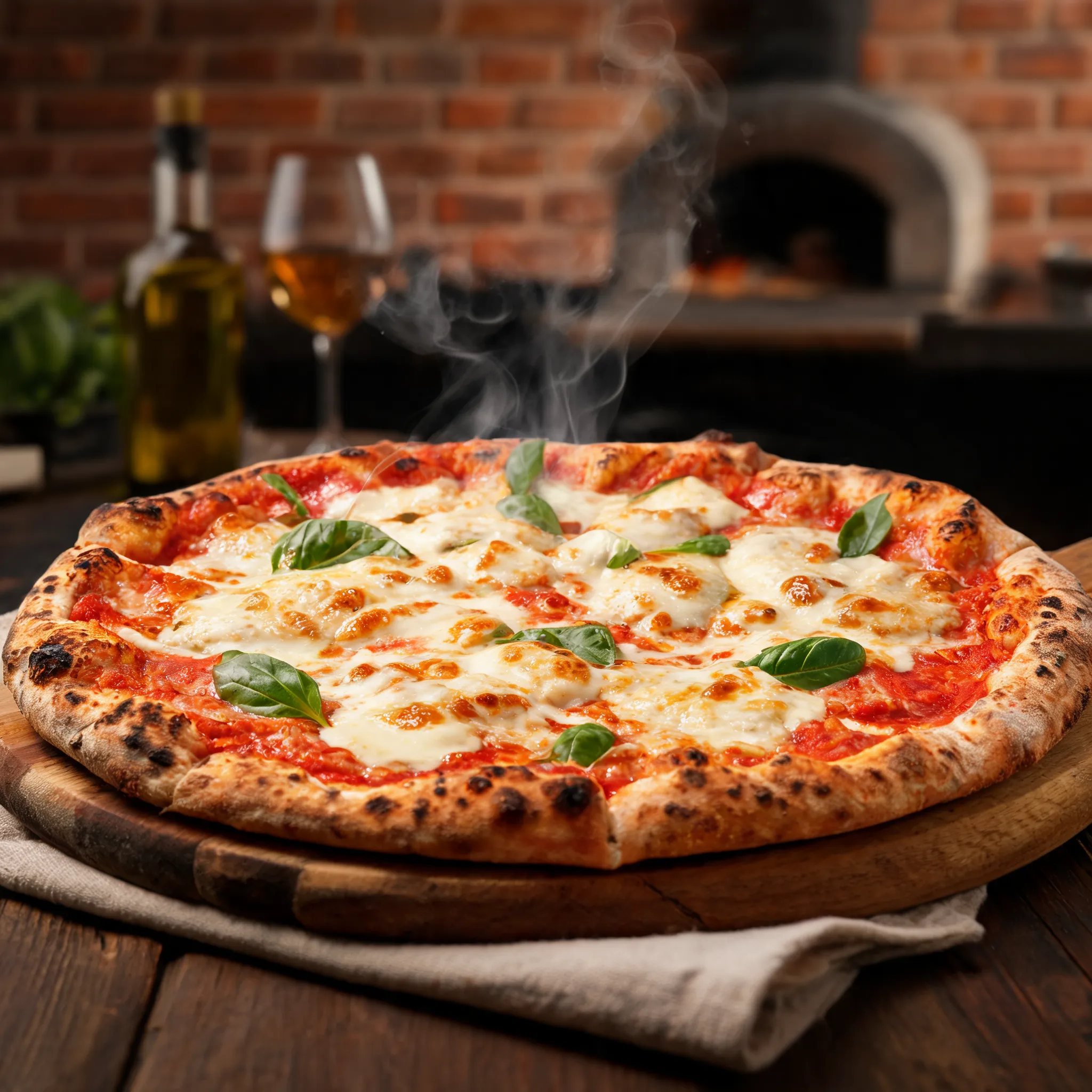 Italian Margherita pizza, thin crispy crust, fresh basil leaves, melted mozzarella cheese, rich tomato sauce, bubbling cheese texture, wood-fired oven style, steam rising, rustic Italian restaurant setting, commercial food photography, studio lighting, shallow depth of field, ultra realistic, 8K, promotional menu dish image, appetizing advertising style