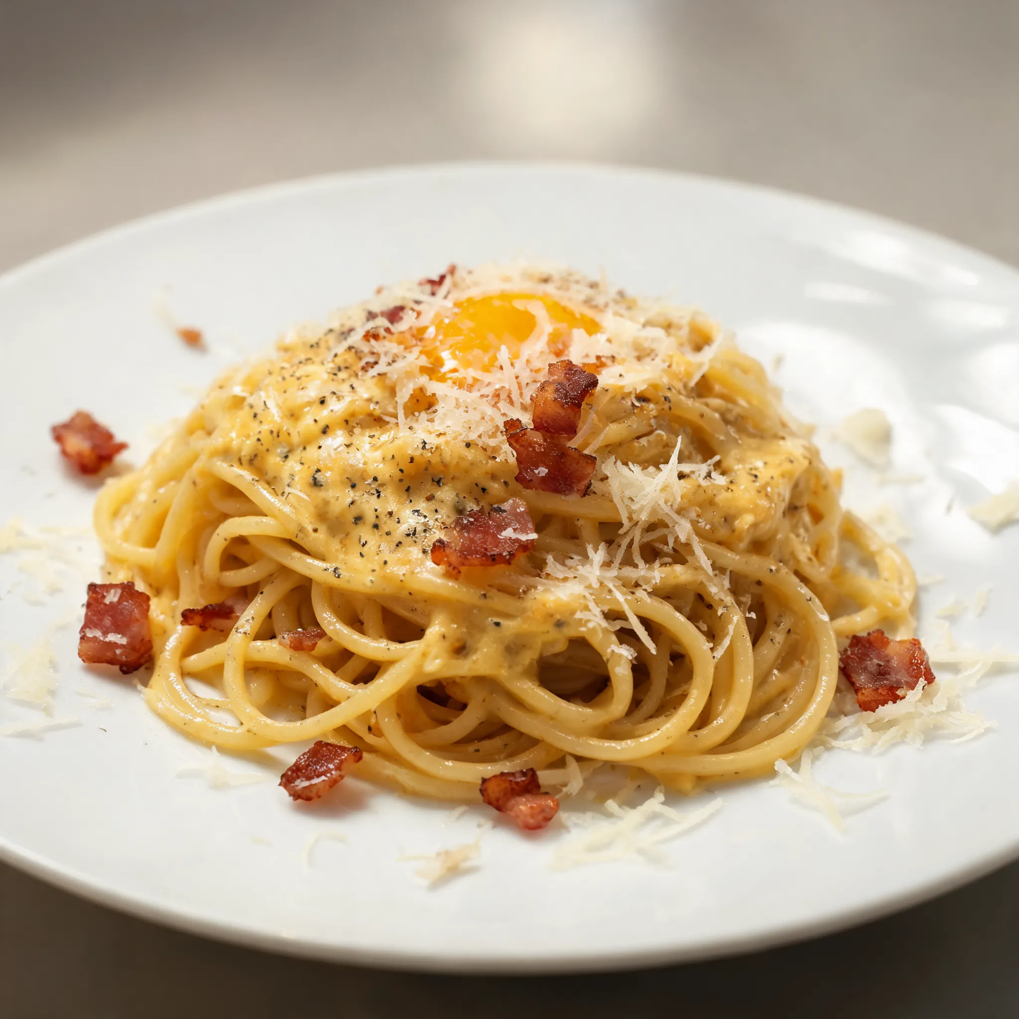 Italian carbonara pasta, creamy sauce coating spaghetti, crispy pancetta bacon, parmesan cheese sprinkle, rich golden sauce texture, egg yolk glaze, freshly cracked black pepper, elegant plating, restaurant menu photography, soft studio lighting, ultra realistic food advertising image, 8K, premium dining promotion style