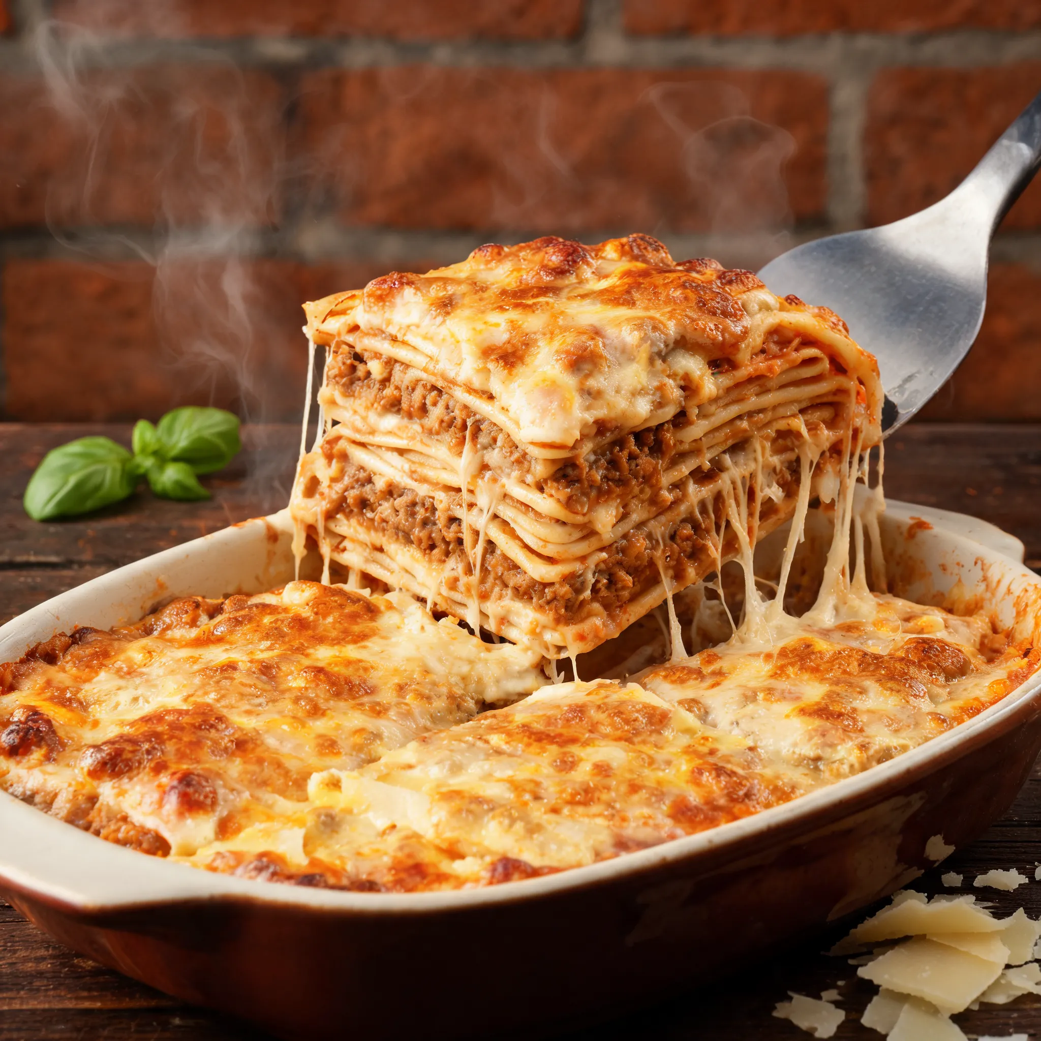 Italian lasagna, layered pasta sheets with rich meat sauce, melted cheese stretching, baked golden top layer, steaming hot fresh cut slice, deep textures visible in cross-section, rustic Italian kitchen style, cinematic food photography, commercial menu advertising image, studio lighting, ultra realistic, 8K promotional dish shot