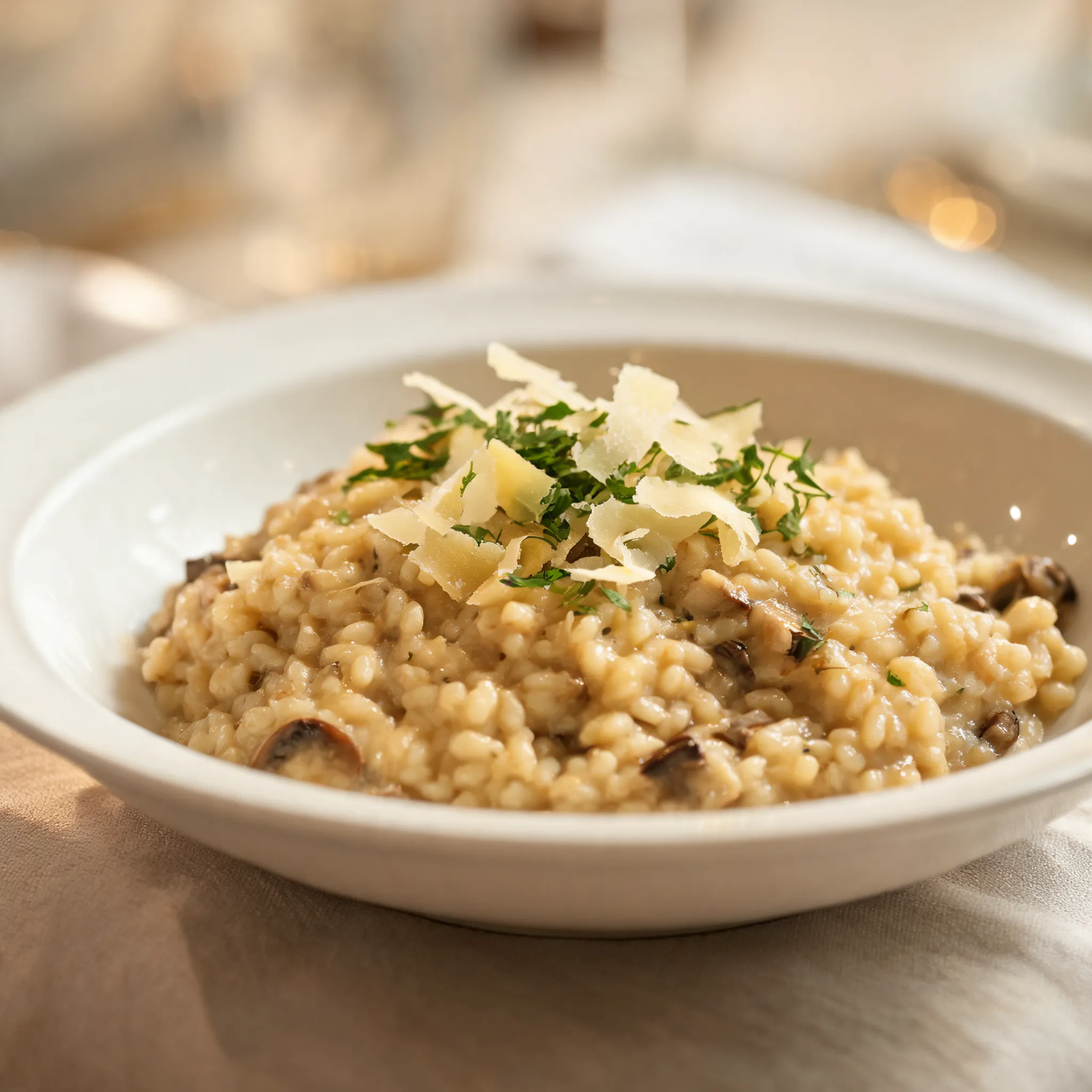 Italian mushroom risotto, creamy Arborio rice, parmesan cheese, butter glaze, fresh herbs garnish, smooth rich texture, elegant bowl plating, warm golden tones, fine dining restaurant presentation, commercial food photography, soft natural lighting, shallow depth of field, ultra realistic, 8K promotional menu image