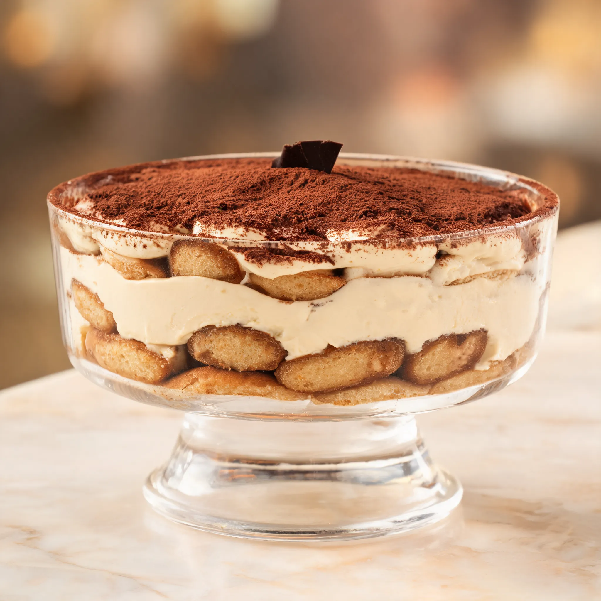 Italian tiramisu dessert, layered mascarpone cream, cocoa powder dusting, espresso soaked ladyfingers, elegant glass serving dish, creamy texture details, coffee aroma mood, luxury dessert restaurant style, commercial food photography, soft studio lighting, ultra realistic, 8K promotional menu image, appetizing dessert advertisement