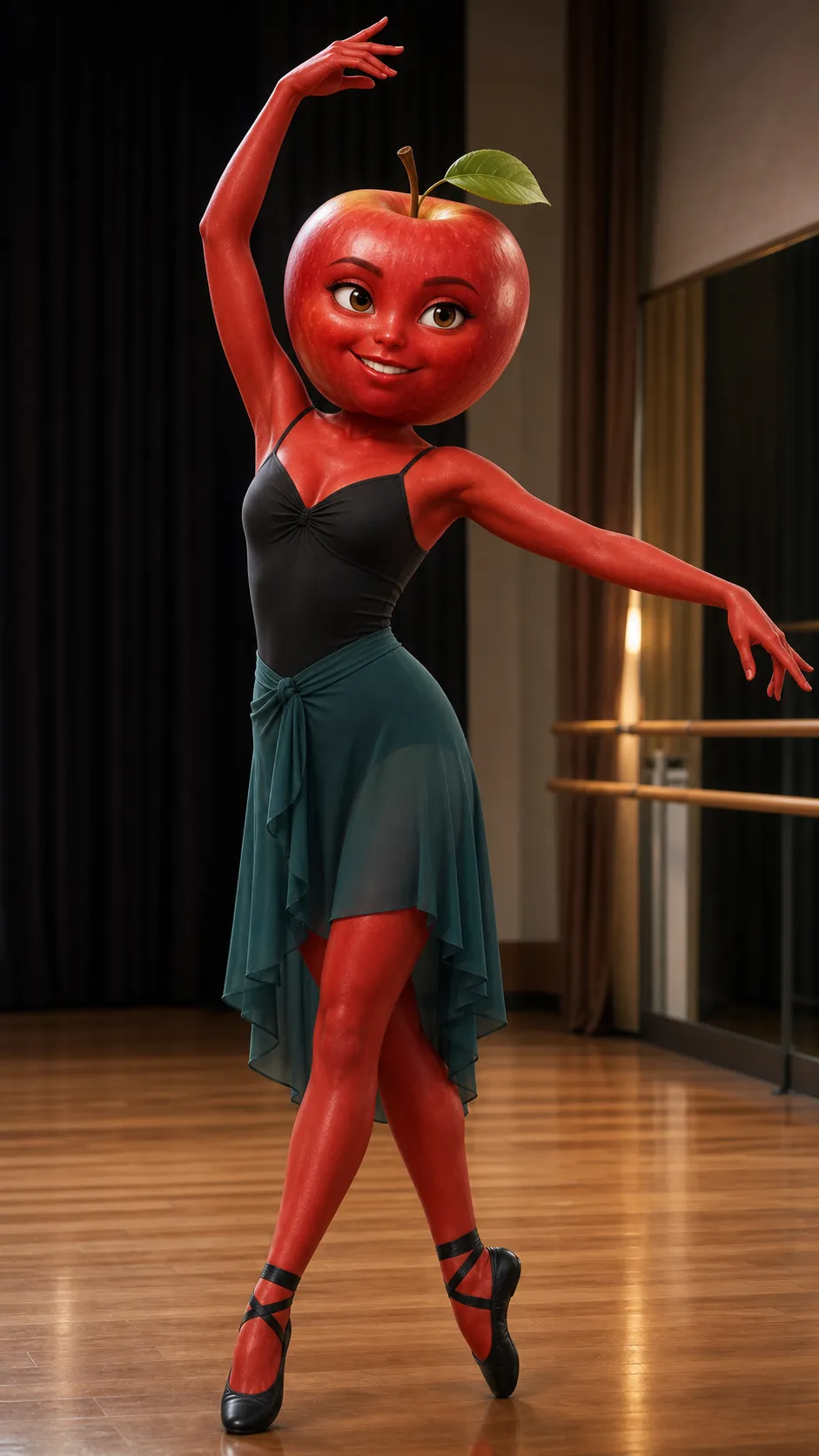 Generate this fruit charater for me: - [FRUIT]: apple - [ROLE]: female dancer