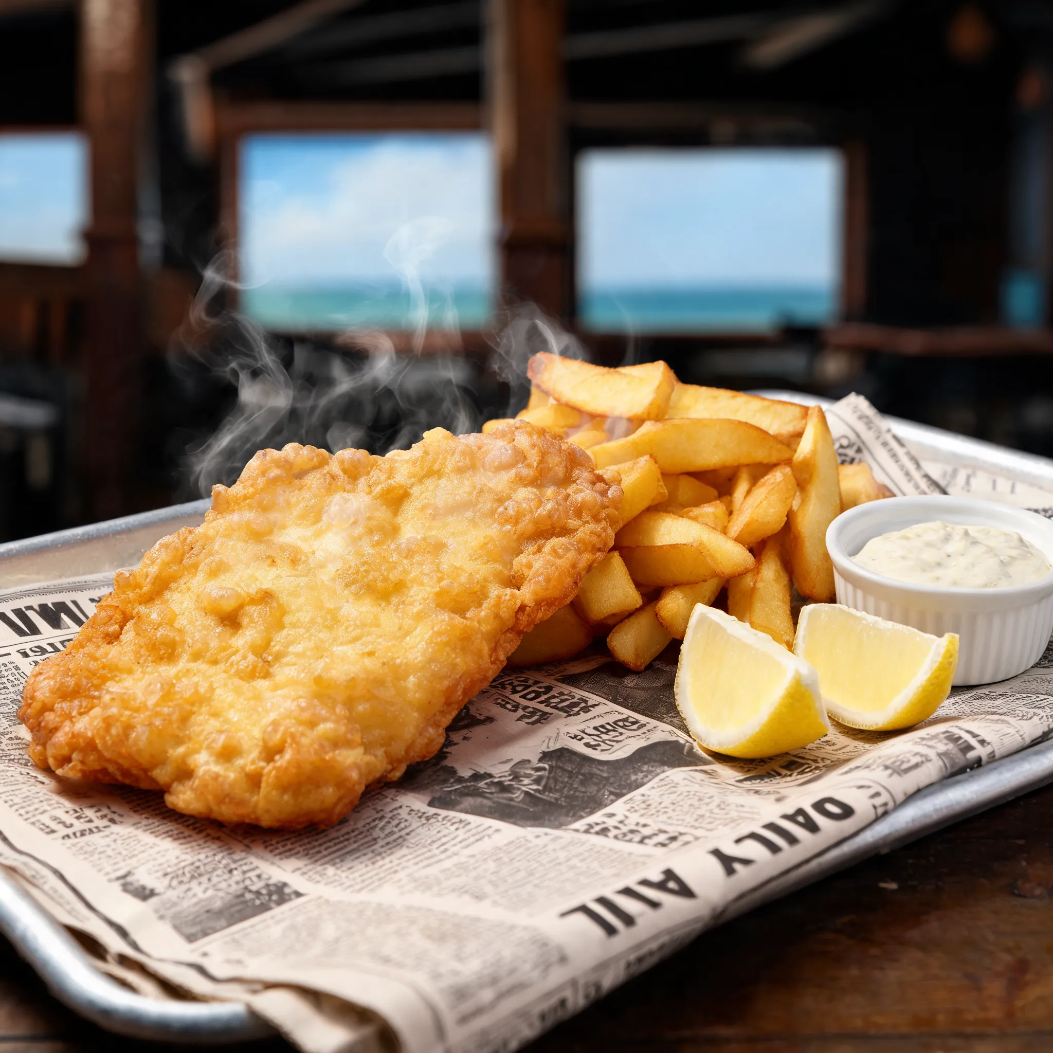 Classic British fish and chips, golden crispy battered cod, thick-cut fries, served with tartar sauce and lemon wedges, newspaper-style wrapping aesthetic, steam rising, seaside pub atmosphere, commercial food photography, studio lighting, shallow depth of field, ultra realistic, 8K, promotional restaurant menu image, appetizing advertising style