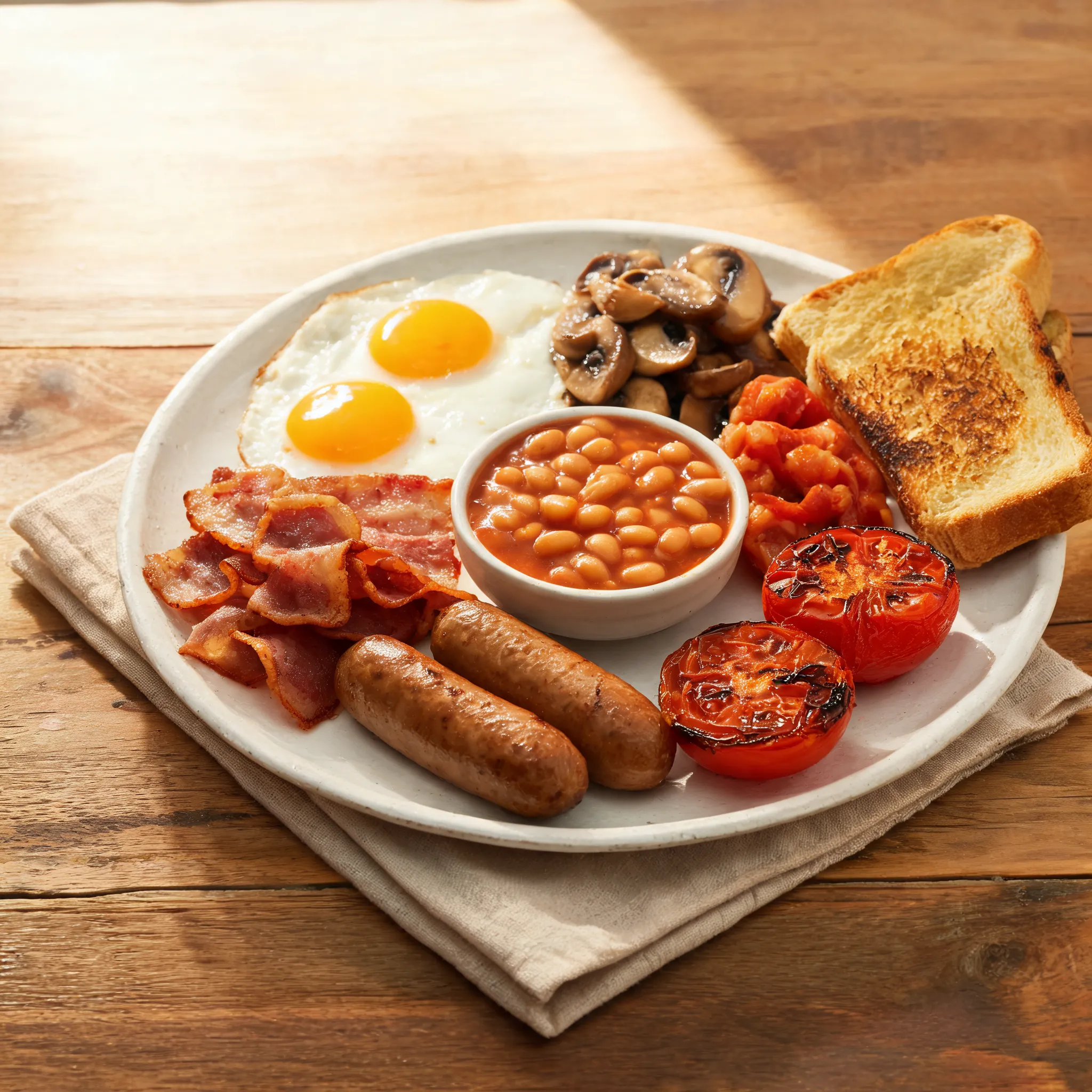 Full English breakfast, fried eggs with runny yolk, crispy bacon, sausages, baked beans, grilled tomatoes, mushrooms, toast, traditional British plate presentation, rustic breakfast setting, warm morning lighting, commercial food photography, ultra realistic, 8K, menu promotion image, high-end restaurant advertising style